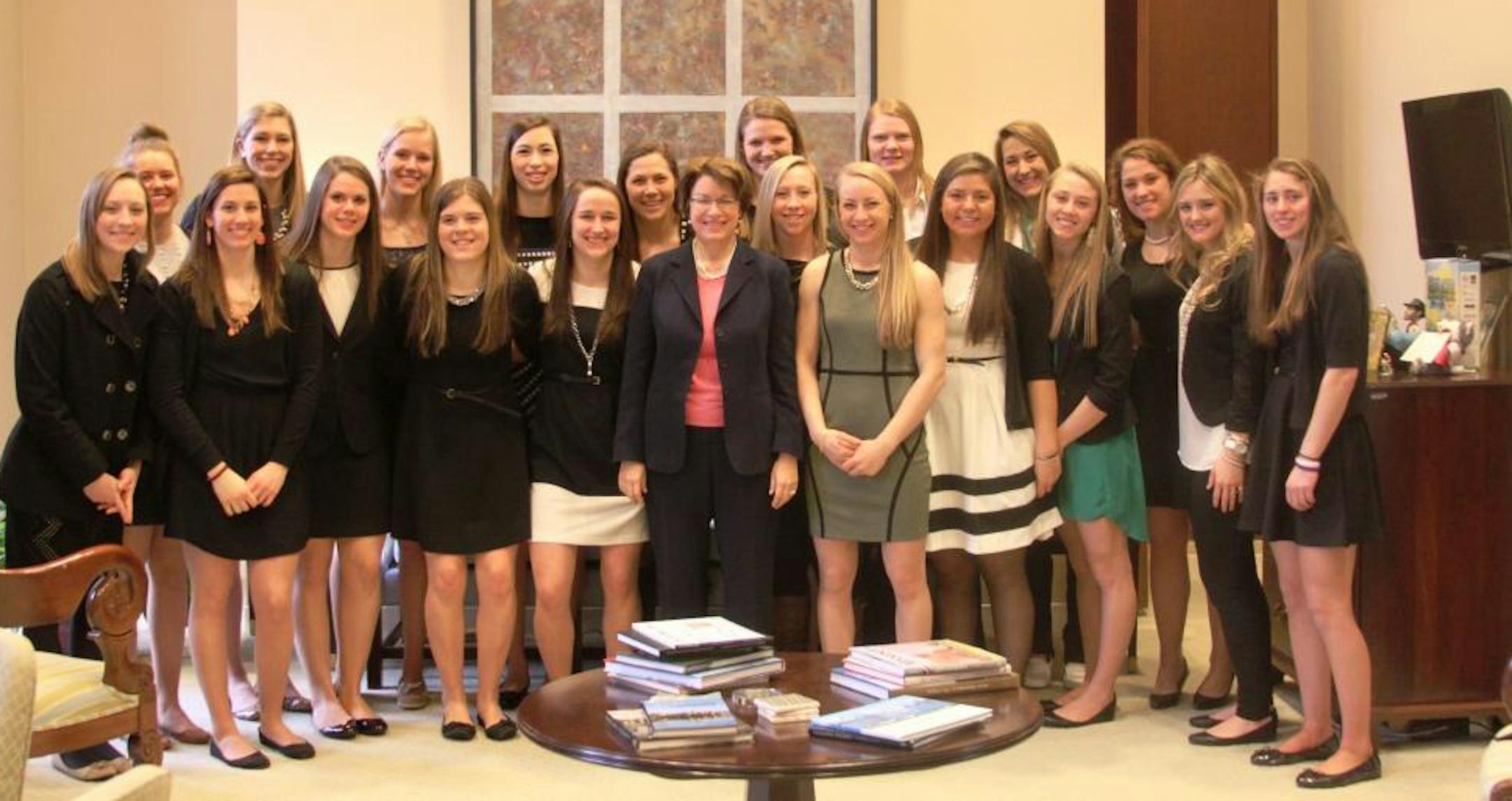 The UM gopher women's hockey team met with Minnesota Senator Amy Klobuchar Monday before going to the White House. President Barack Obama hosted the 2012-2013 NCAA Division I men's and women's champions on the South Lawn of the White House on March 10, 2014, in Washington D.C. Photo: courtesy of Klobuchar's office.