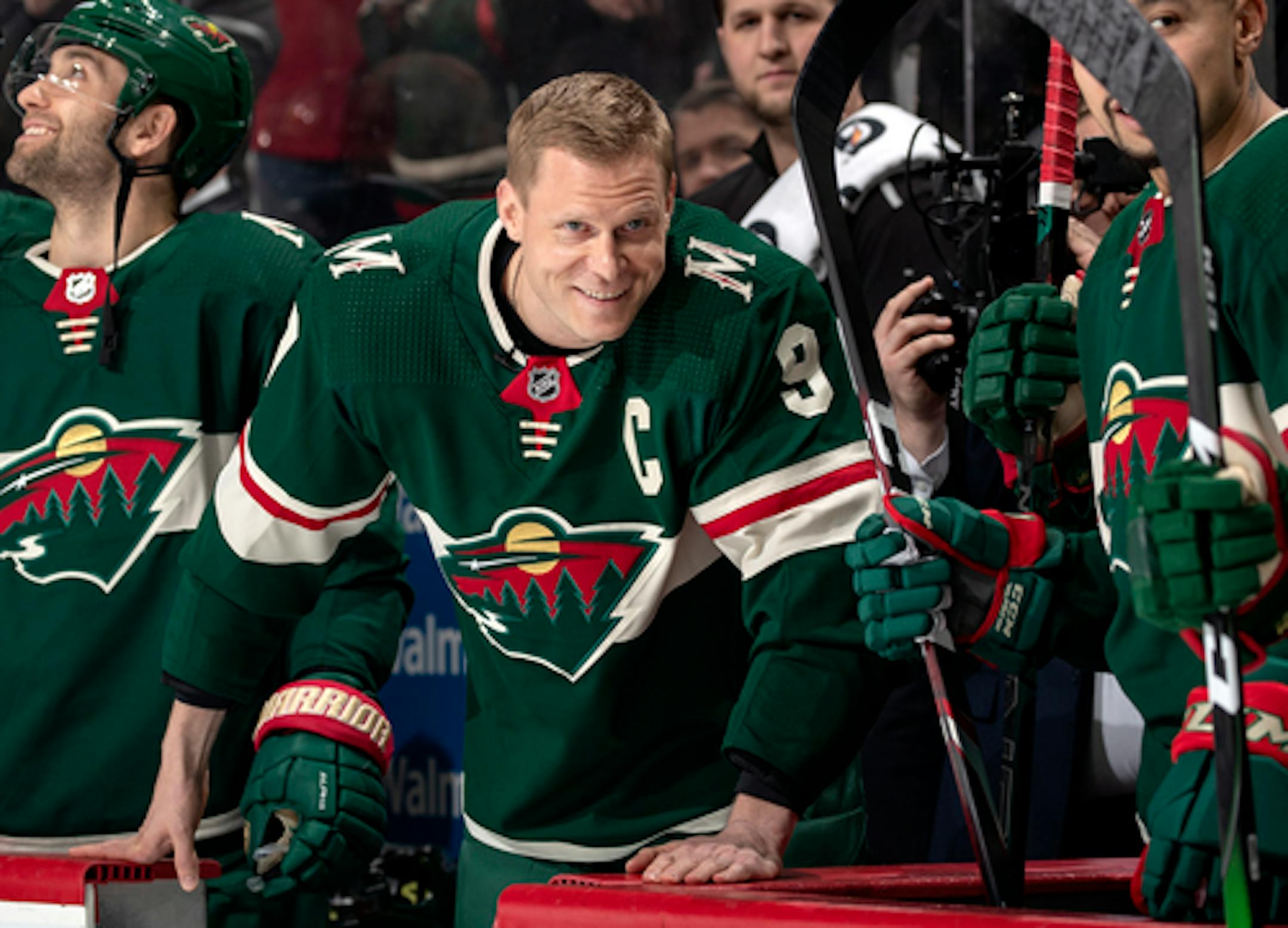 Wild captain Mikko Koivu prepared to take the ice for Tuesday's pregame ceremony.
