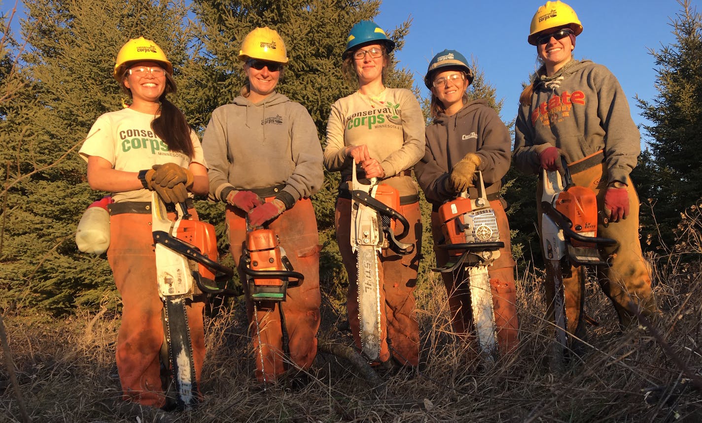 Conservation Corps Minnesota & Iowa serves populations traditionally underrepresented in natural resources fields including women. The young women shown in this photo served on field crews based in Rochester, Minnesota in 2018. They completed projects such as prairie restoration, prescribed burning, brush cutting, and invasive species management. Shown, left to right, are Annika Bollesen, Tessa Veverka, Kristina Luotto, Autumn Jensen and Sarah Curran.