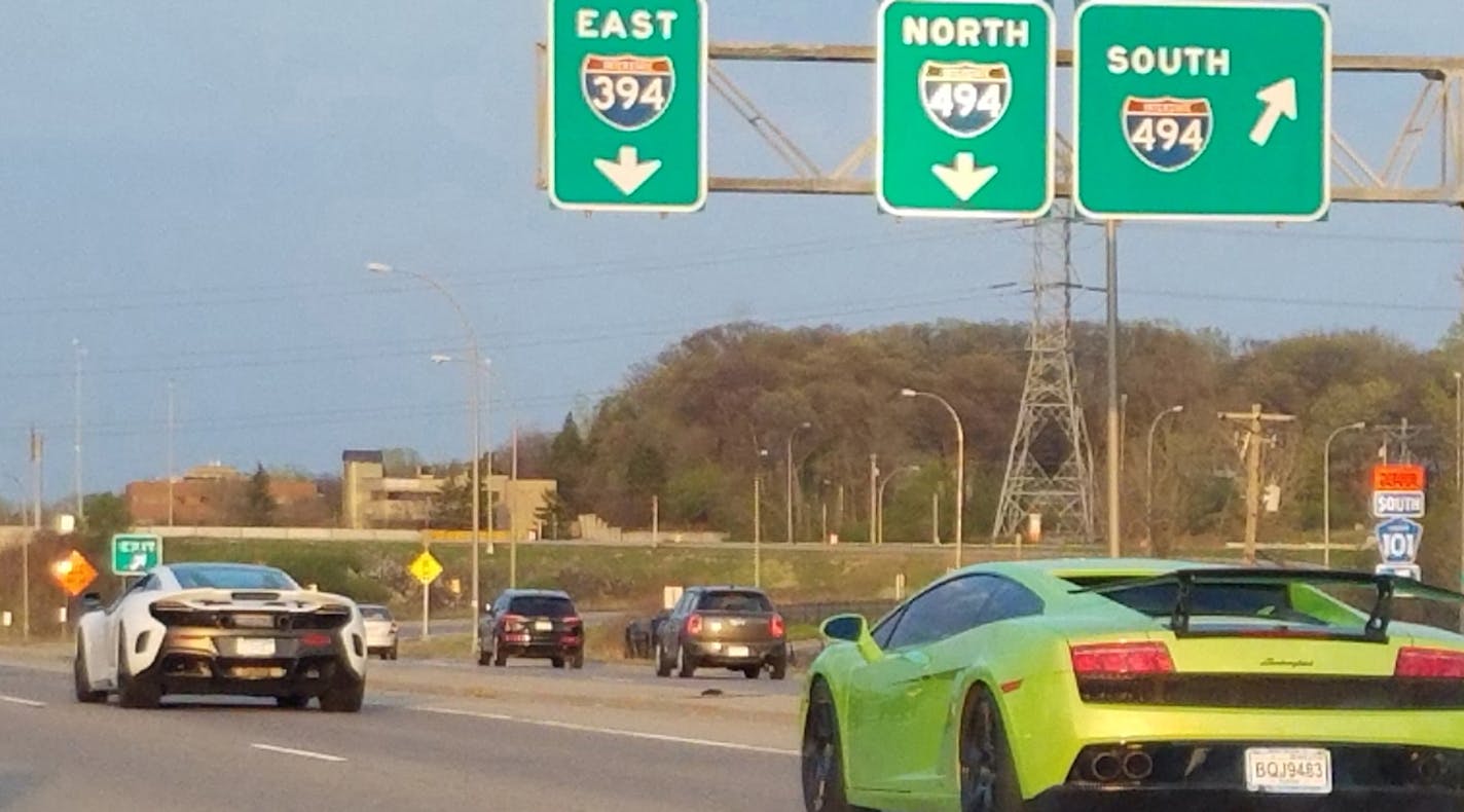 A traveler eastbound on Hwy 394/Hwy 12 snapped pictures of some of the sports cars that were racing in the west metro on April 23, 2016.