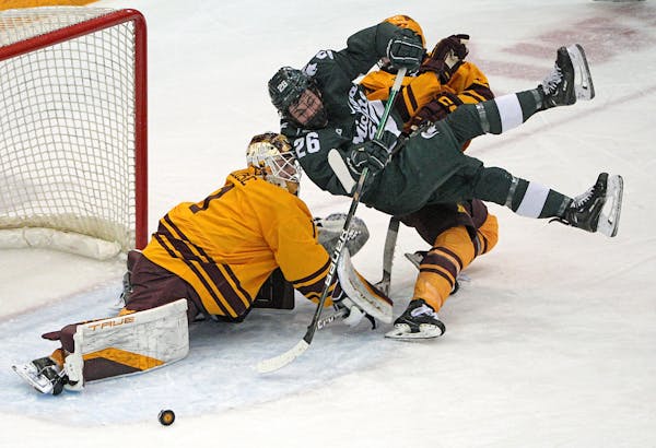 The Gophers swept Michigan State twice this season, winning by scores of 5-0, 6-3, 8-0 and 6-3 (pictured on Jan. 28 at 3M Arena at Mariucci.