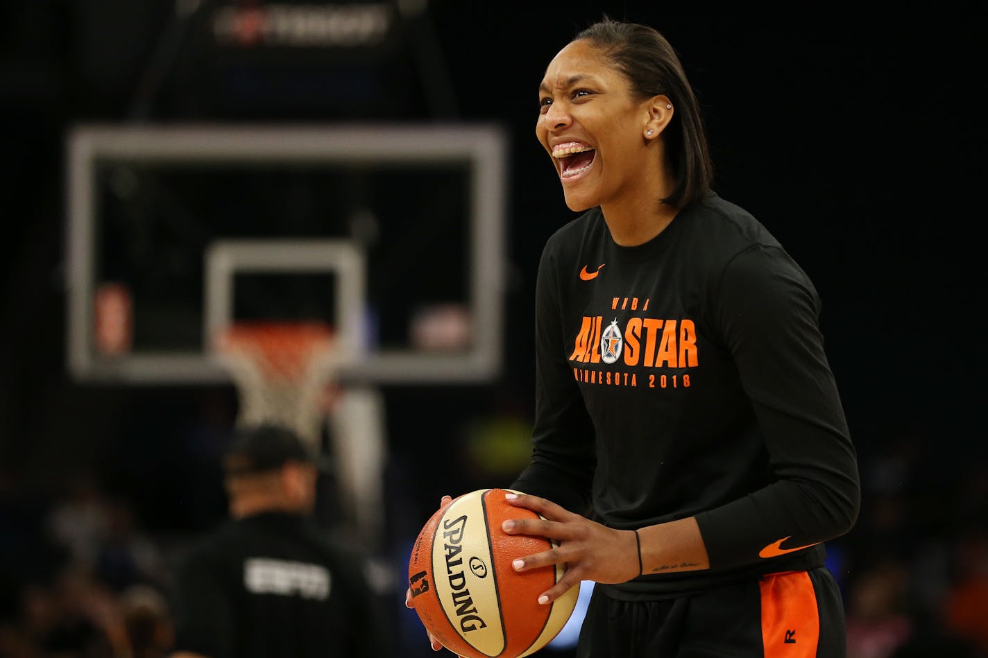 Las Vegas Aces forward A'ja Wilson joked with teammates on the court during Friday's WNBA All-Star Game practice at Target Center.