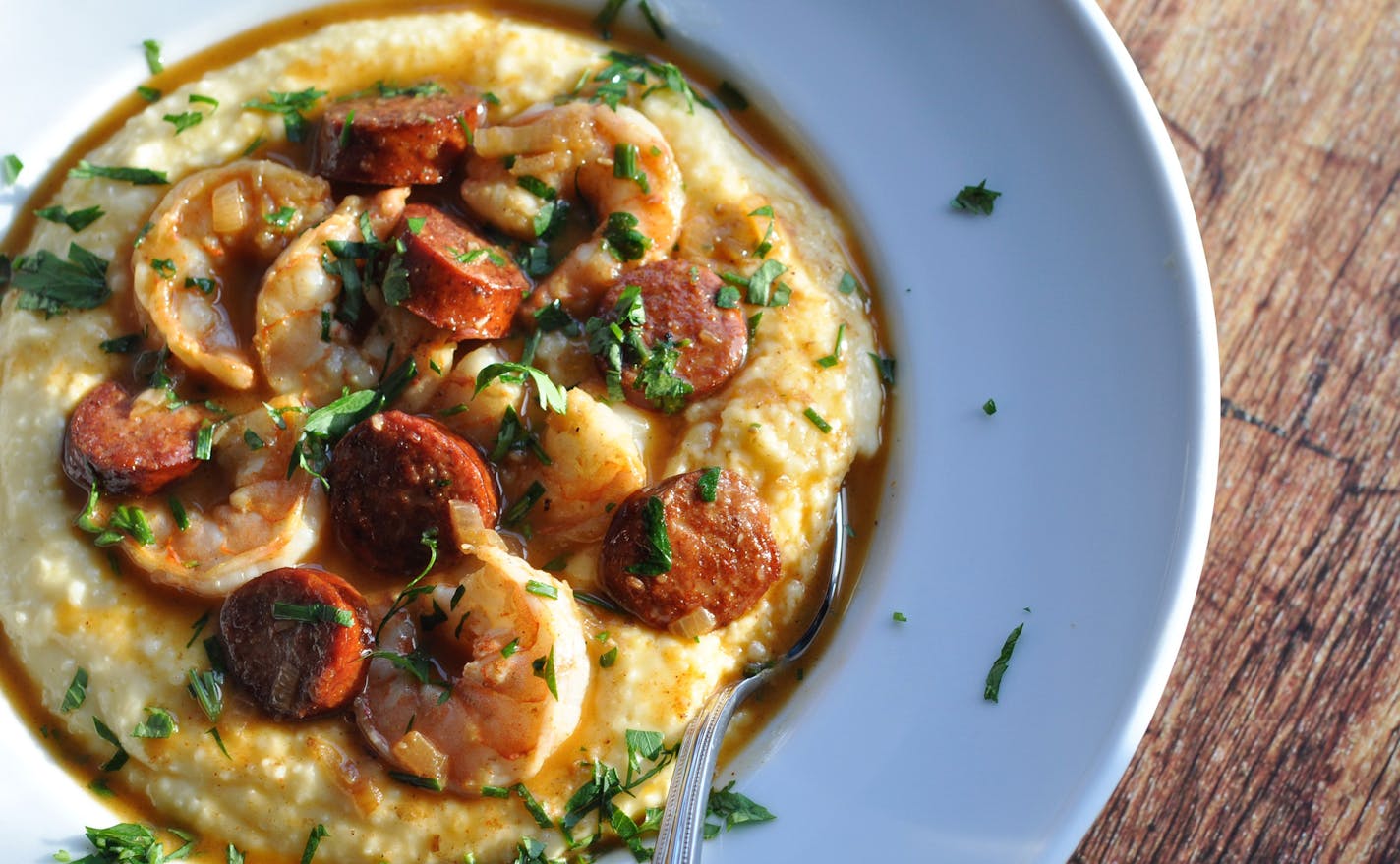 Shrimp and Chorizo With Cheesy Grits.