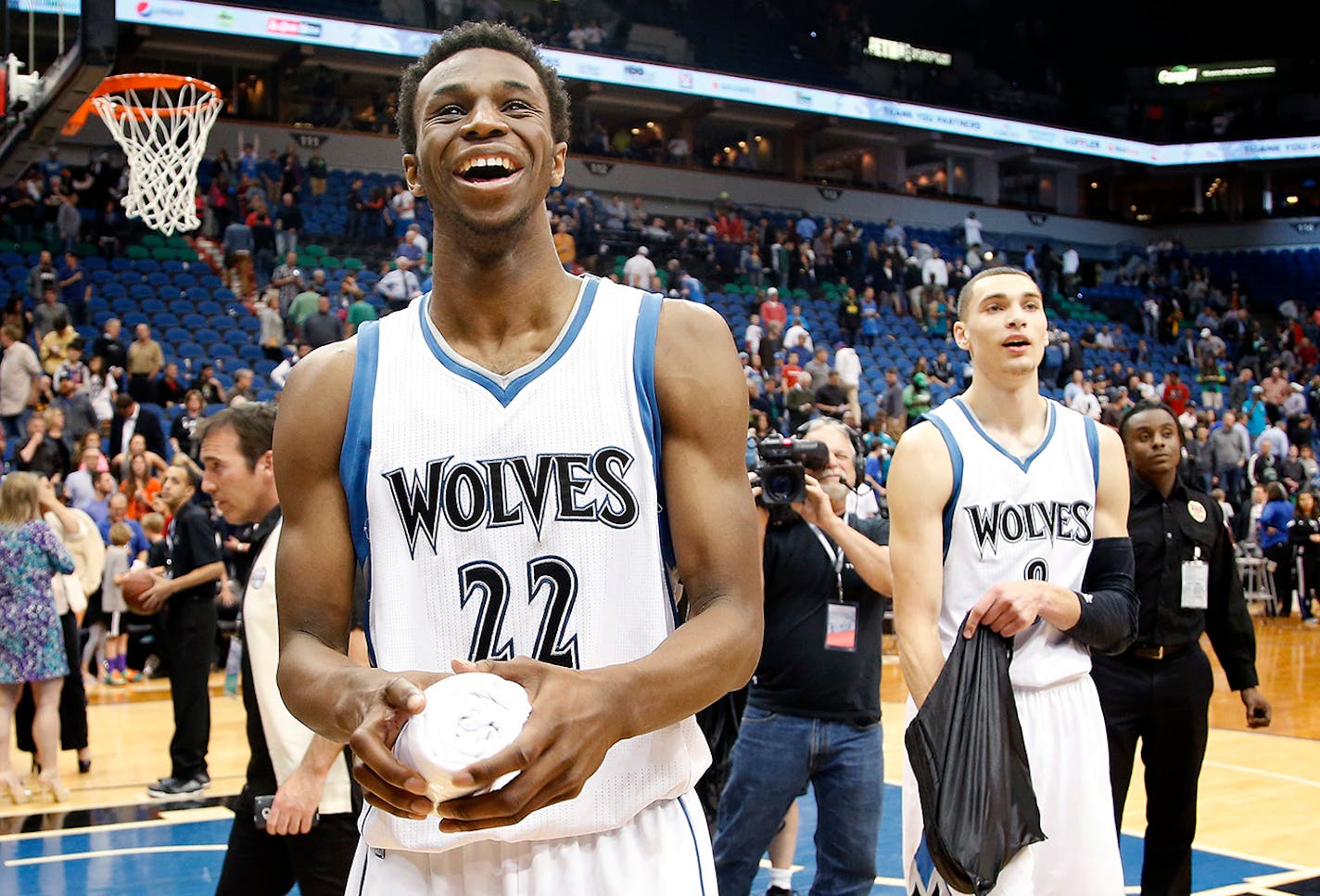 Minnesota Timberwolves Andrew Wiggins (22) and Zach LaVine (8) tossed shirts into the stands after the final game of the season.