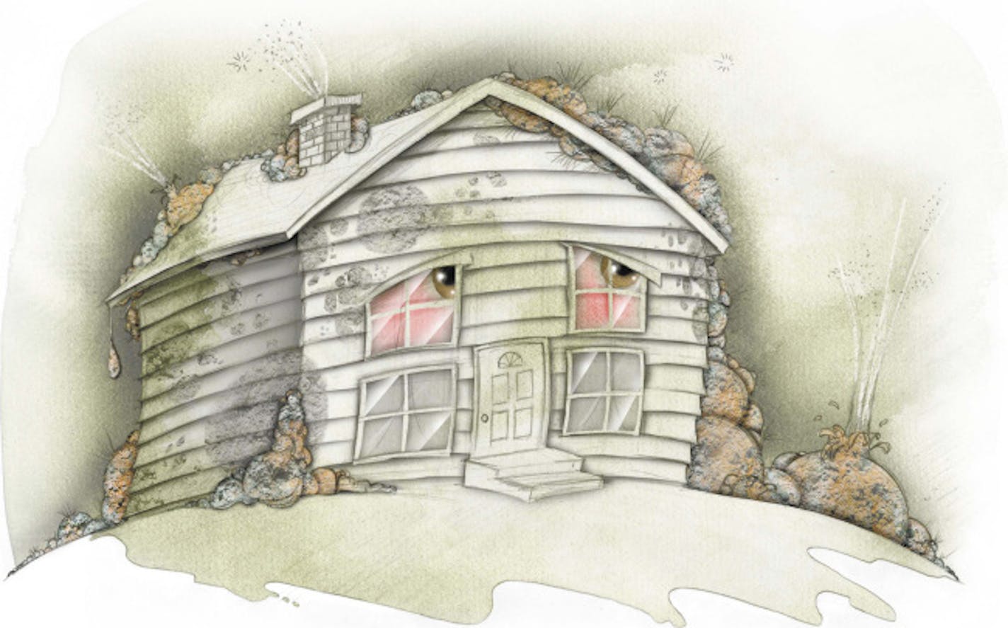 300 dpi Fred Matamoros color illustration of moldy home with sad, red-eye windows. The News Tribune (Tacoma, Wash.) 2007<p> mold house illustration moldy mildew spore sick toxic home krtfeatures features, krtnational national, krthome housing, krt, mctillustration, hogar casa inferma toxico moho mohoso humedad enmohecerse aspecto aspectos ilustracion grabado tc contributor coddington matamoros mct mct2007, 2007, krt2007