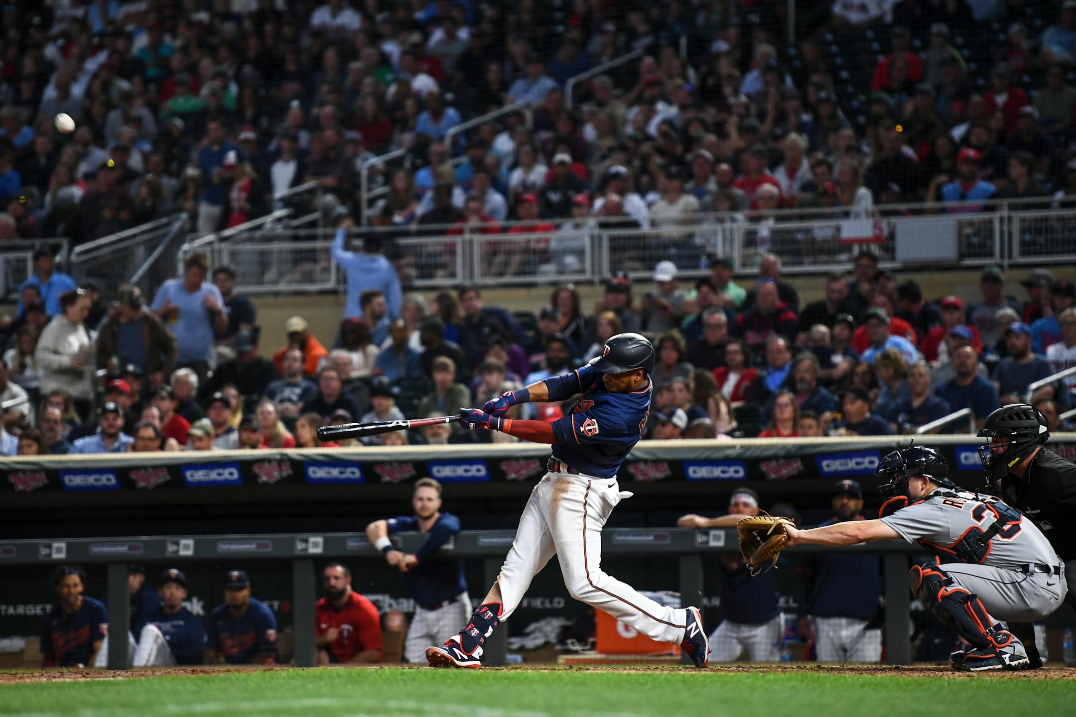 Minnesota Twins shortstop Jorge Polanco (11) hit a sacrifice fly to center field, bringing home center fielder Gilberto Celestino (79) in the bottom of the seventh inning against the Detroit Tigers.