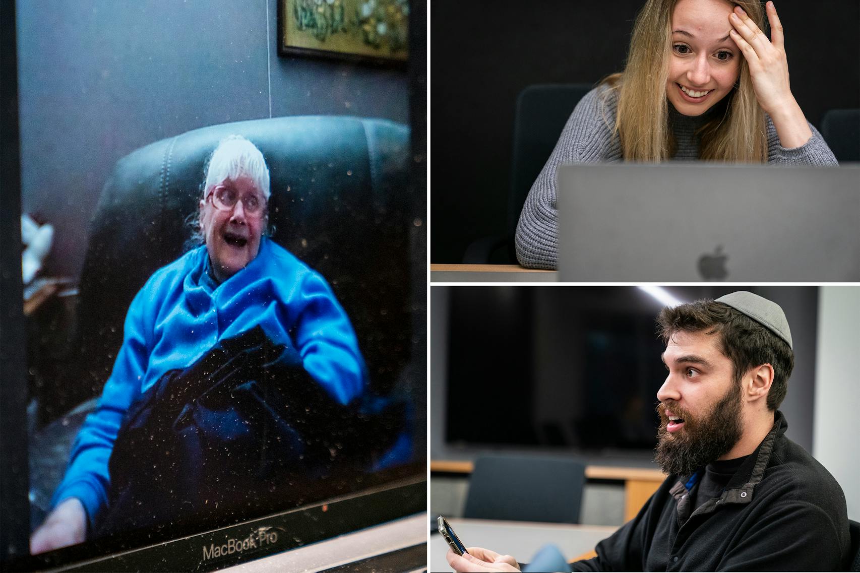 Right: Merry Trapp, an 81-year-old resident of a senior home in Green Bay, Wis. video chats with volunteer Sammi Martín, 18. Bottom: Ian Aizman has set up a volunteer network, named Virtual Visit Friend, to chat with seniors who are quarantined without visitors in senior homes across the country. 