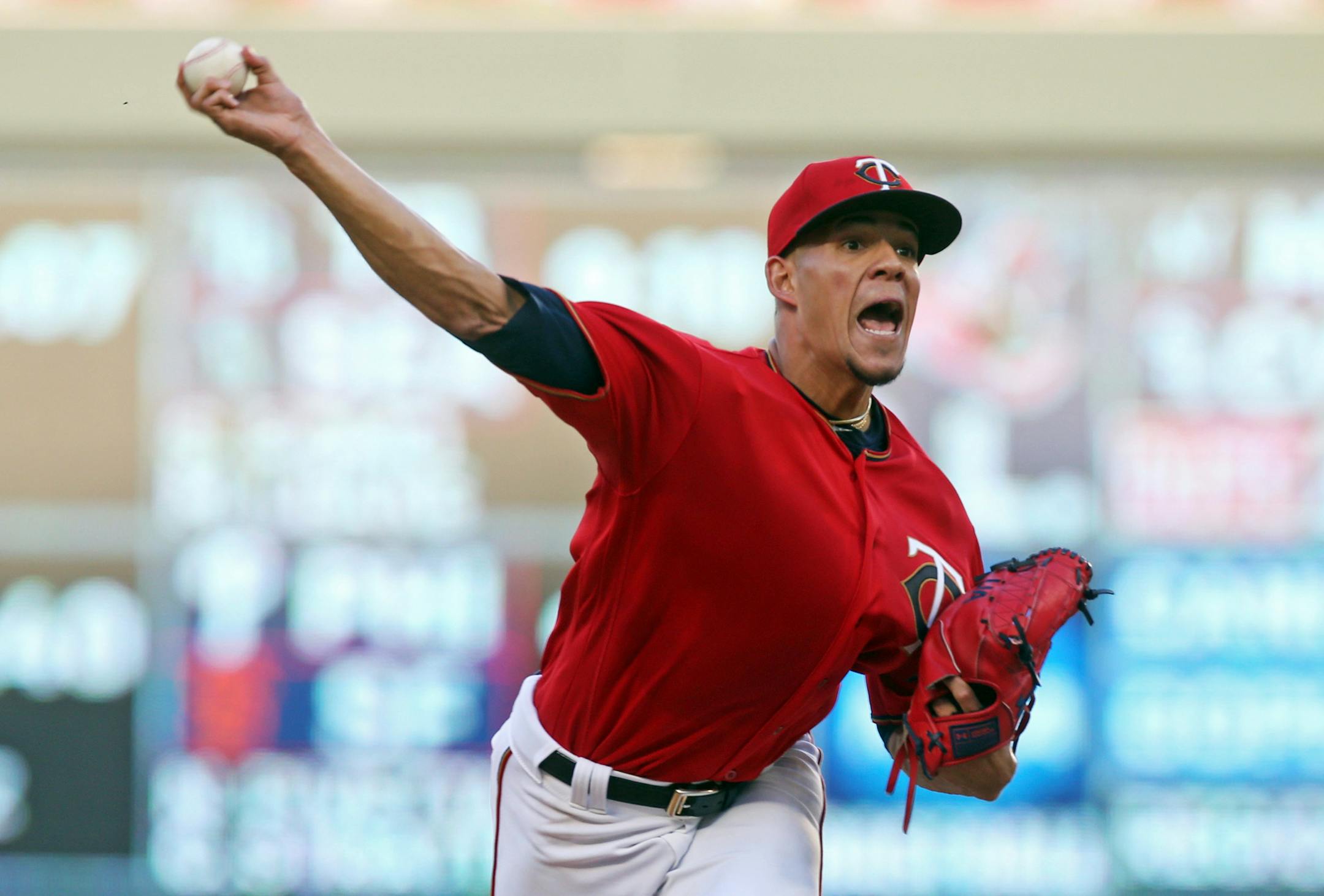 Minnesota Twins pitcher Jose Berrios throws to a Cleveland Indians batter during the first inning of a baseball game Friday, June 1, 2018, in Minneapolis. (AP Photo/Jim Mone)