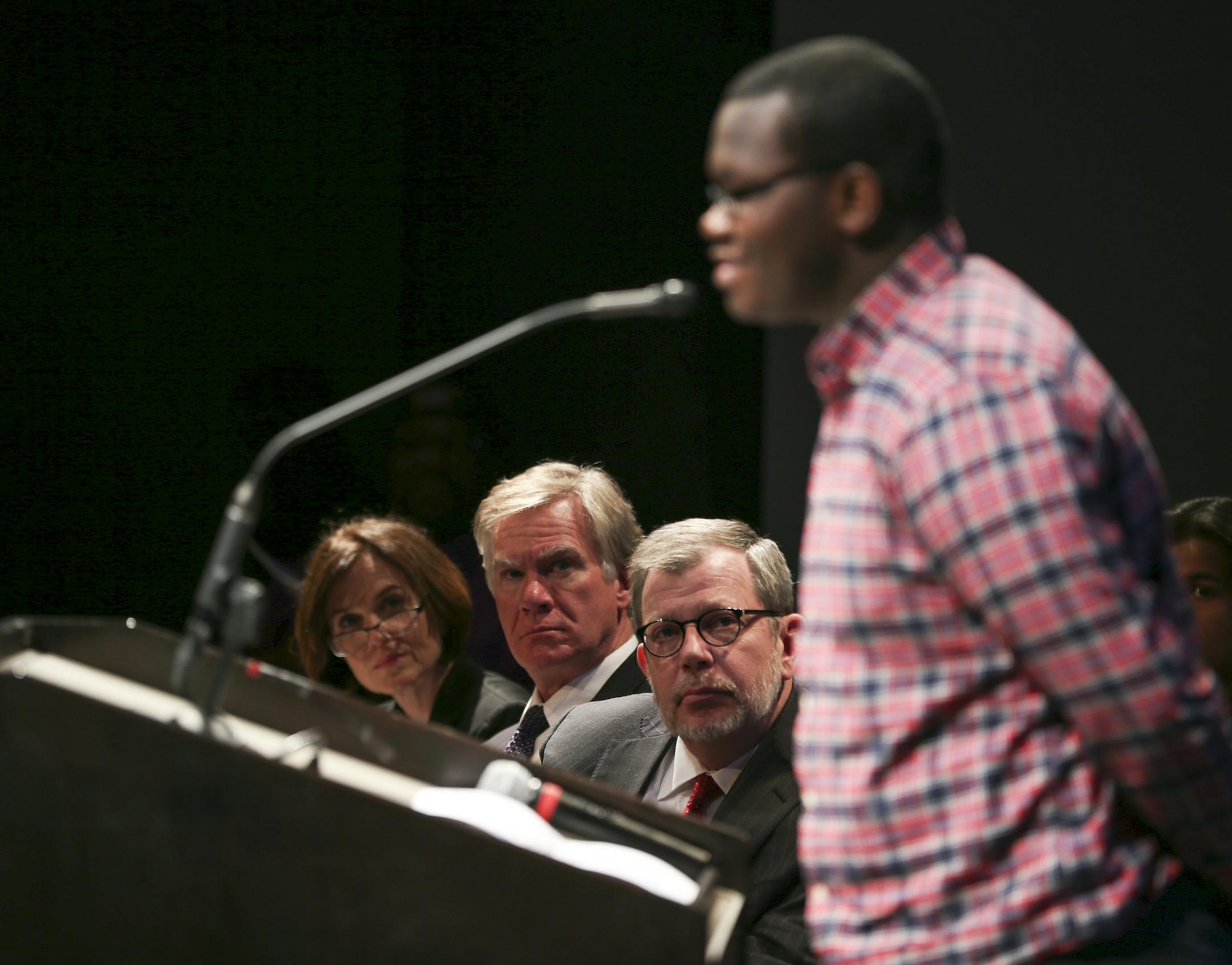Minneapolis Mayor Betsy Hodges, St. Paul Mayor Chris Coleman, and U of M President Eric Kaler listened as Jonathan Mensah make a presentation as part of the MBK program Tuesday afternoon. ] JEFF WHEELER ï jeff.wheeler@startribune.com The Obama administration initiative, My Brother's Keeper, announced a Community Action Plan at a program at Coffman Union on the University of Minneapolis Minneapolis campus Tuesday afternoon, May 17, 2015. Both mayors took part in the announcement, which has a