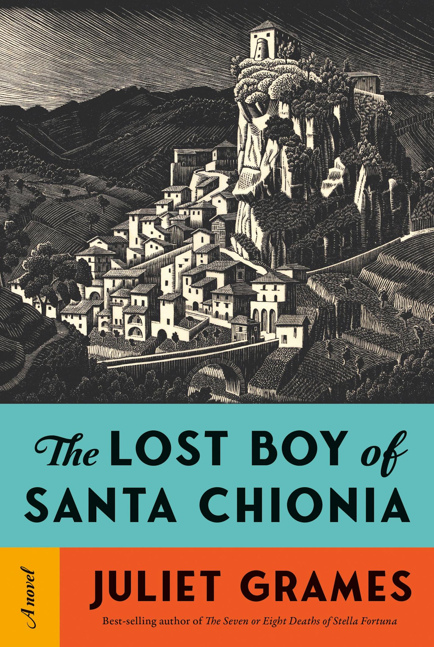 cover of The Lost Boy of Chionia is a print from a woodcut of a village perched on a hill