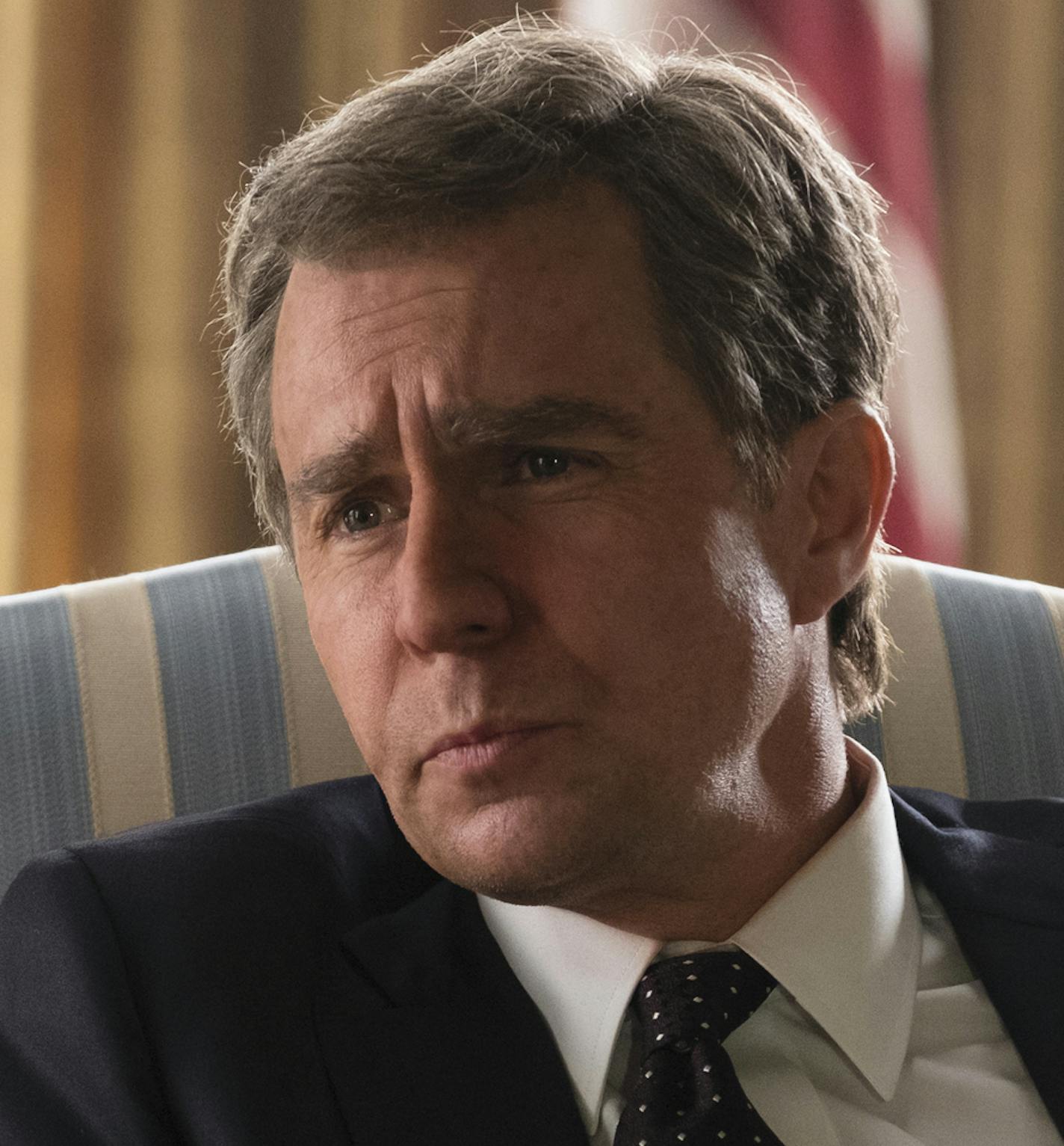 This image released by Annapurna Pictures shows Sam Rockwell as George W. Bush in a scene from "Vice." On Tuesday, Jan. 22, 2019, Rockwell was nominated for an Oscar for best supporting actor for his role in the film. The 91st Academy Awards will be held on Feb. 24. (Matt Kennedy/Annapurna Pictures via AP)