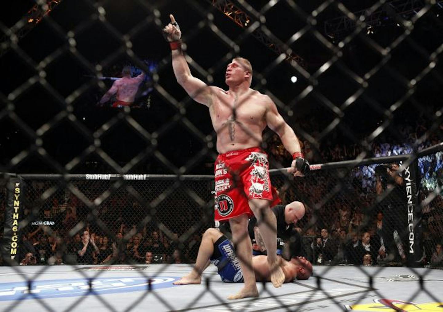 Brock Lesnar celebrates after defeating Shane Carwin during their Heavyweight Title bout at UFC 116 at the MGM Grand in Las Vegas Saturday, July 3, 2010. Lesnar won the Ultimate Fighting Championship bout by submission.