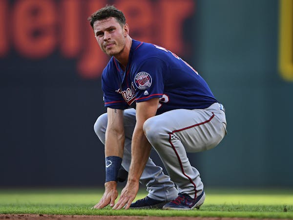 Minnesota Twins' Max Kepler reacts after being picked off at first base in the third inning of a baseball game against the Cleveland Indians, Friday, 