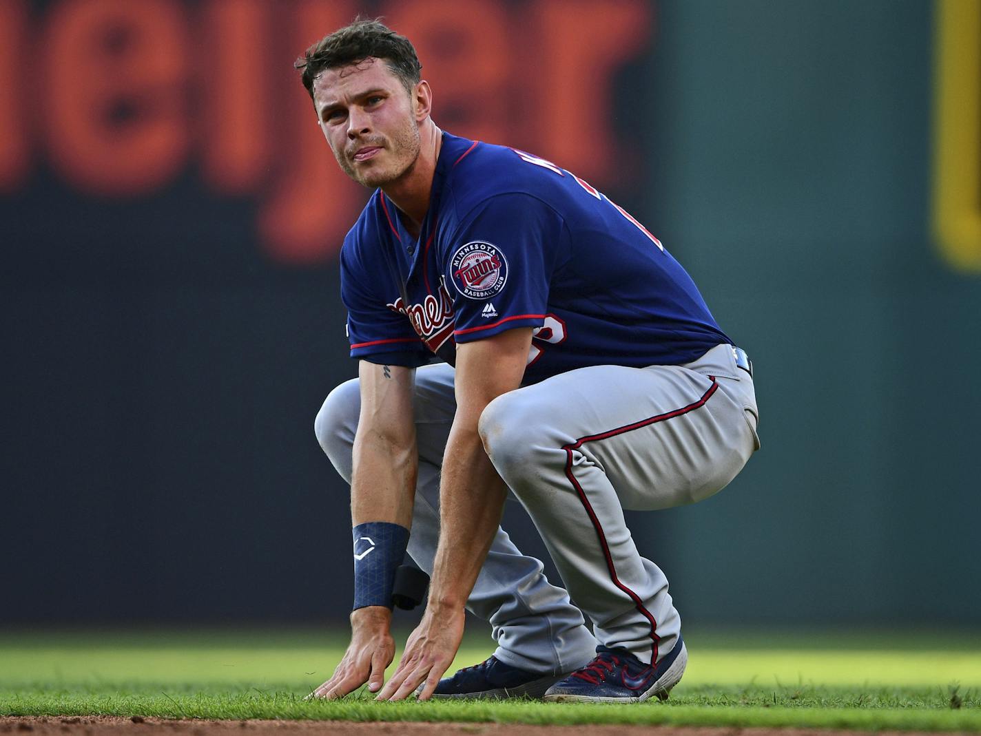 Minnesota Twins' Max Kepler reacts after being picked off at first base in the third inning of a baseball game against the Cleveland Indians, Friday, July 12, 2019, in Cleveland. (AP Photo/David Dermer)