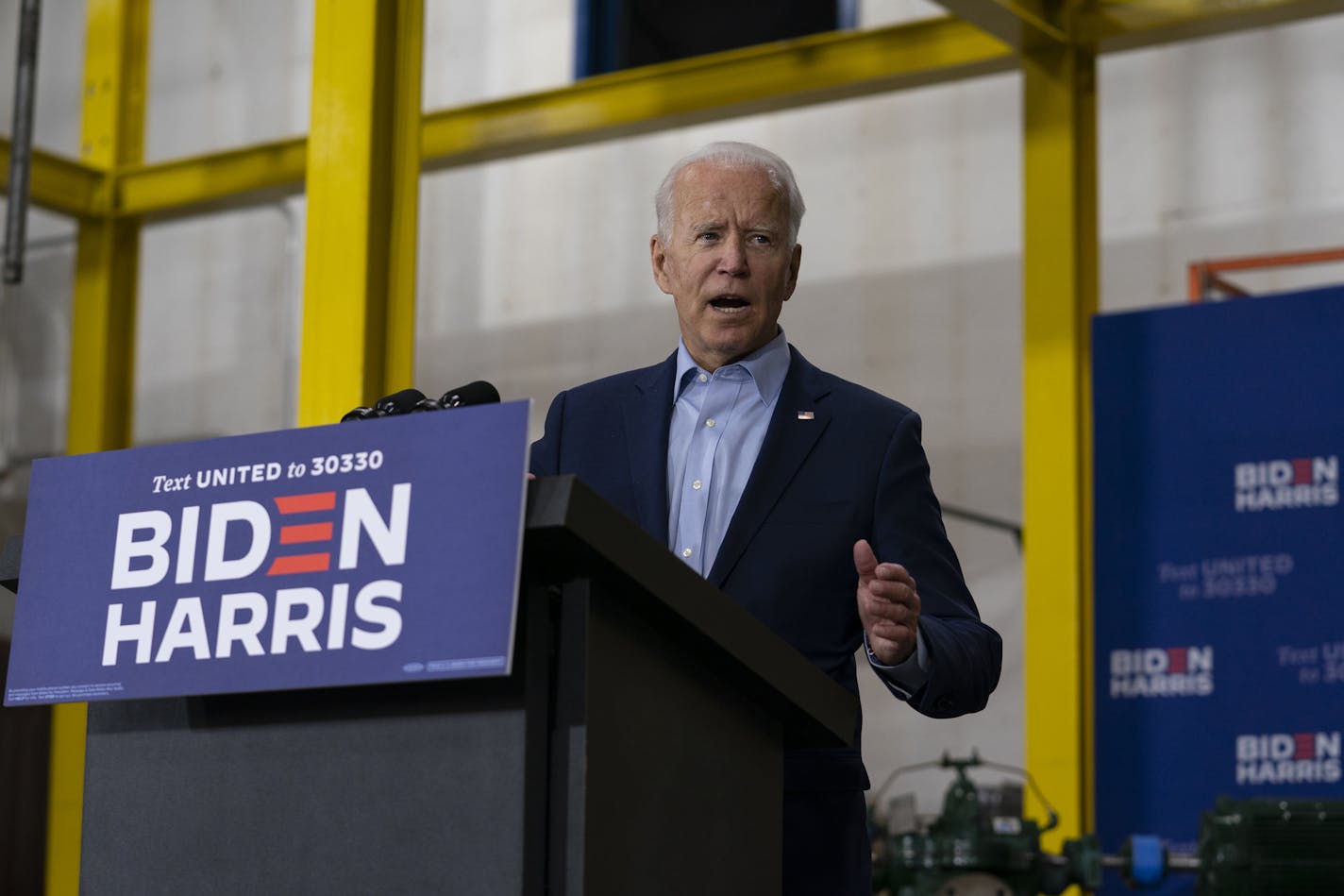 Democratic presidential candidate former Vice President Joe Biden speaks at the Jerry Alander Carpenter Training Center in Hermantown, Minn., Friday, Sept. 18, 2020. (AP Photo/Carolyn Kaster)