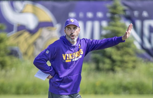 Minnesota Vikings offensive coordinator Kevin Stefanski took to the field during Vikings Vikings minicamp at the TCO Performance Center, Wednesday, Ju