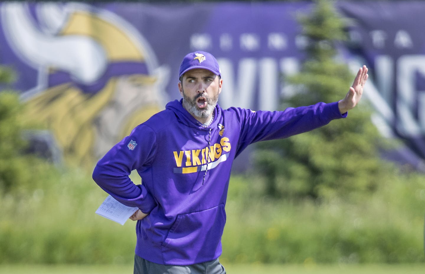 Minnesota Vikings offensive coordinator Kevin Stefanski took to the field during Vikings Vikings minicamp at the TCO Performance Center, Wednesday, June 12, 2019 in Eagan, MN. ] ELIZABETH FLORES &#x2022; liz.flores@startribune.com