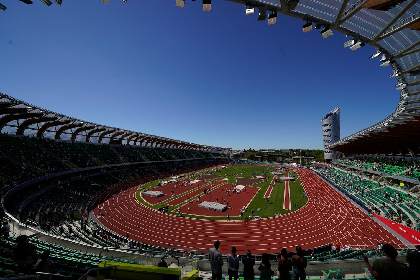 Athletes competes during the decathlon high jump at the U.S. Olympic Track and Field Trials Saturday in Eugene, Ore