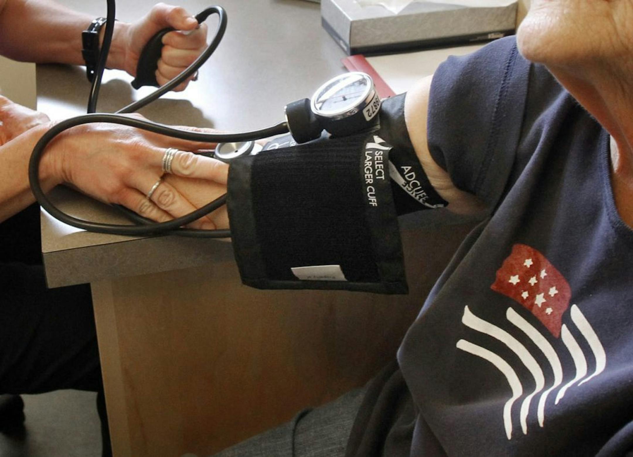 FILE - In this Thursday, June 6, 2013, file photo, a patient has her blood pressure checked by a registered nurse in Plainfield, Vt.