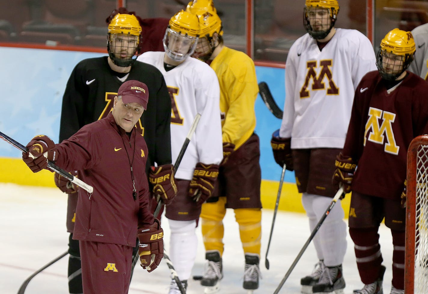 Minnesota Gophers head coach Don Lucia took to the ice with his team for practice Friday, April 11, 2014 at the Wells Fargo Center in Philadelphia, PA. They will take on Union for the Frozen Four Championship. ] (ELIZABETH FLORES/STAR TRIBUNE) ELIZABETH FLORES &#x2022; eflores@startribune.com