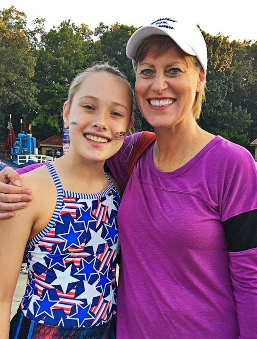 Grace Bunke with her mom, Vicki, at Swim Across America in 2017. Below, Vicki trained from 5:15 to 6:30 a.m. three days a week, vowing to keep a promise to her daughter, who died in March.