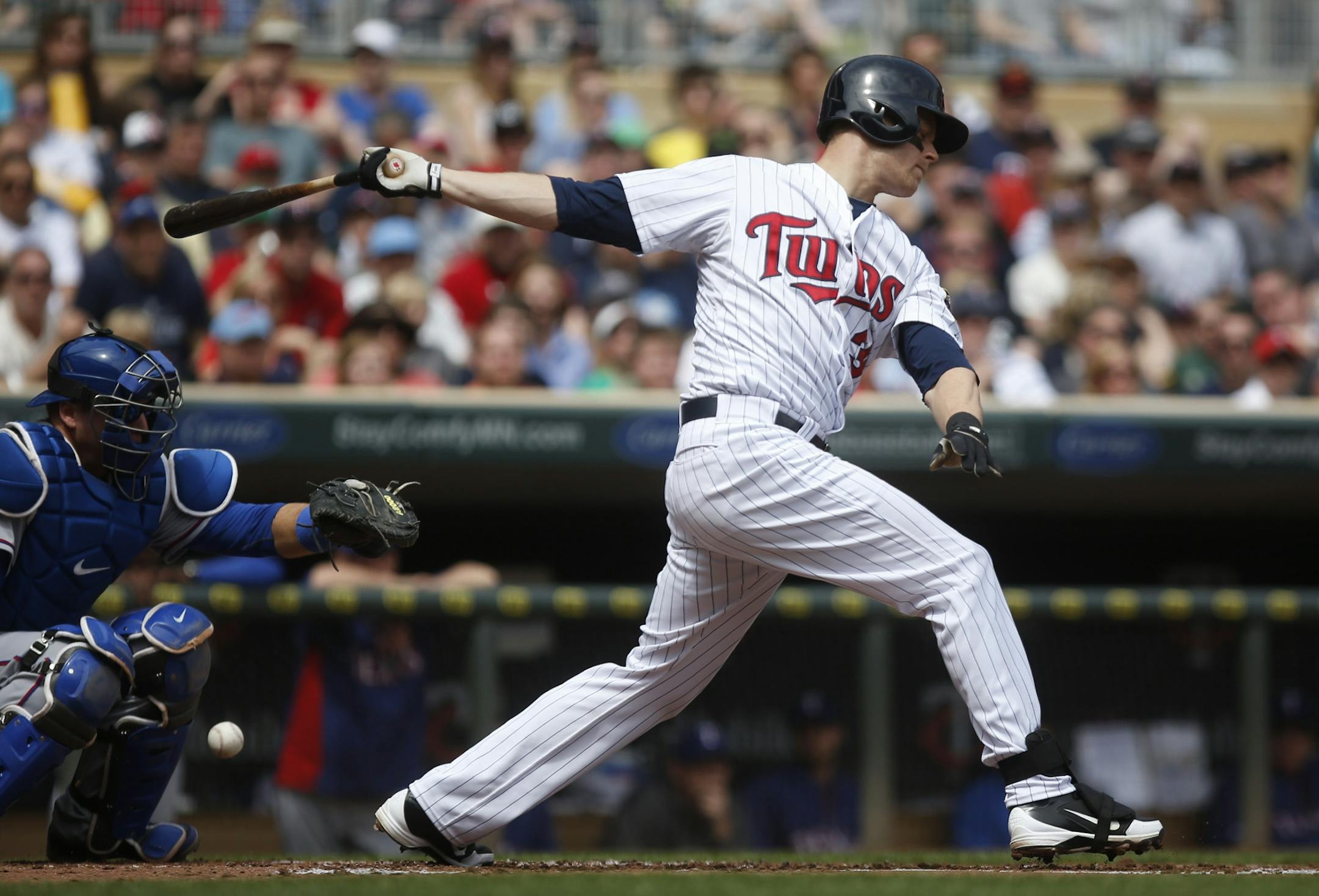 Twins Justin Morneau swung at a low pitch for a strike in the second inning at Target Field in Minneapolis Min., Sunday, April 28, 2013.