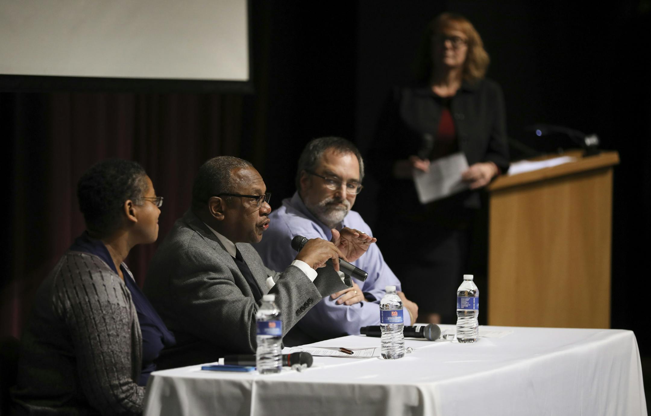 The panel was made up of Janice Downing, Henry Crosby, speaking, and Paul Spies, from left. The modeerator was Jennifer Heimlich, rear. ] JEFF WHEELER &#xef; jeff.wheeler@startribune.com As part of their ongoing Hopkins Race & Equity Initiative, the City of Hopkins held a Community Forum Monday night, October 24, 2016 with the topic "White Privilege: Is it Real or Imagined?"