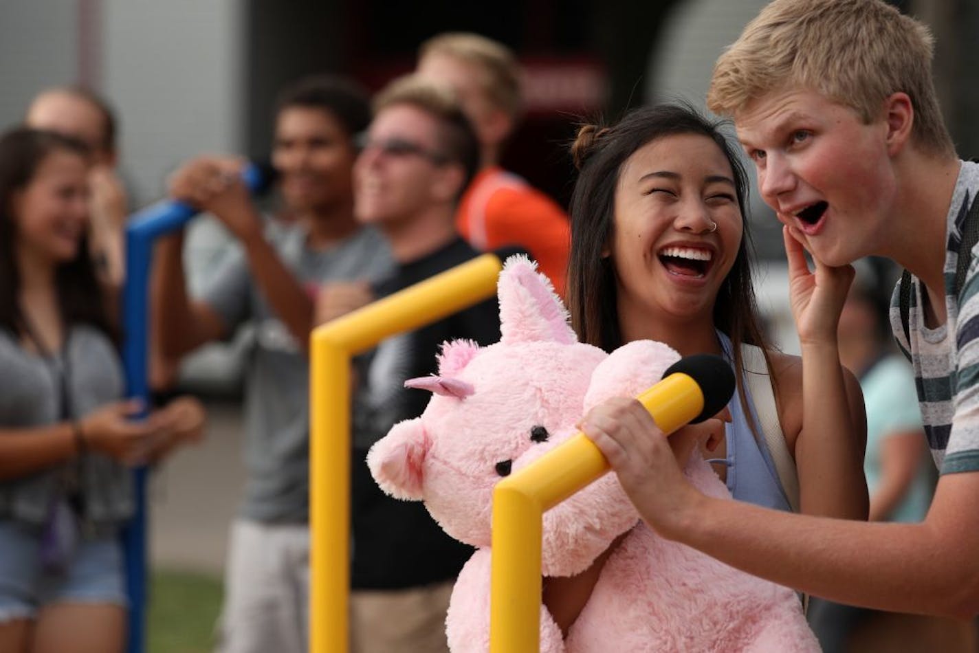 Tahlia Sundara and Sam Reisch, both 18 and from Minneapolis, sang "American Pie" by Don McLean as they took part in the Giant Sing Along on Thursday at the Minnesota State Fair.