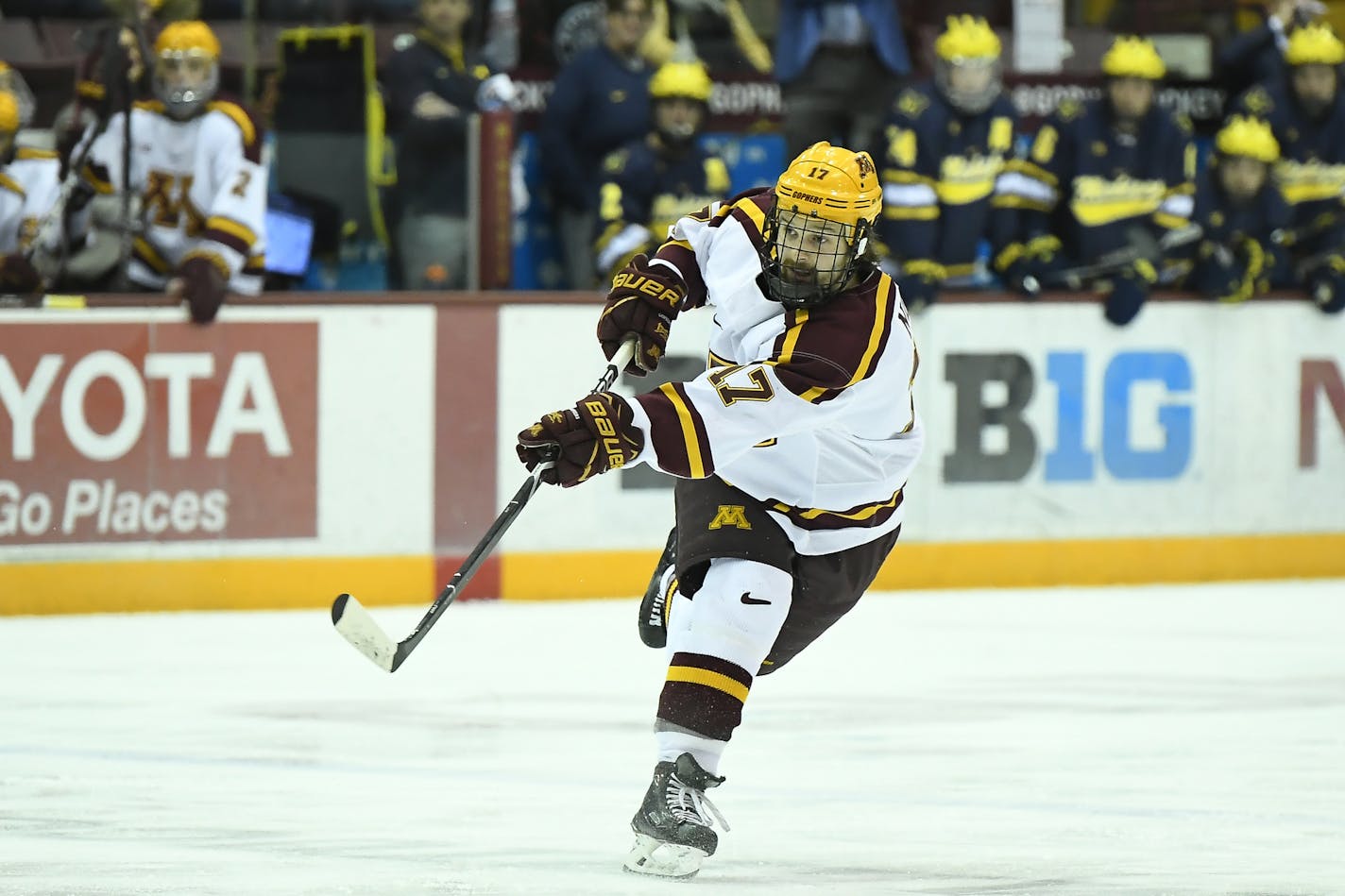 Minnesota Golden Gophers forward Tommy Novak (17) attempted a shot against the Michigan Wolverines in the second period Tuesday. ] Aaron Lavinsky &#xa5; aaron.lavinsky@startribune.com The University of Minnesota Golden Gophers men's hockey team played the Michigan Wolverines Friday, Feb. 1, 2019 at the 3M Arena at Mariucci in Minneapolis, Minn.