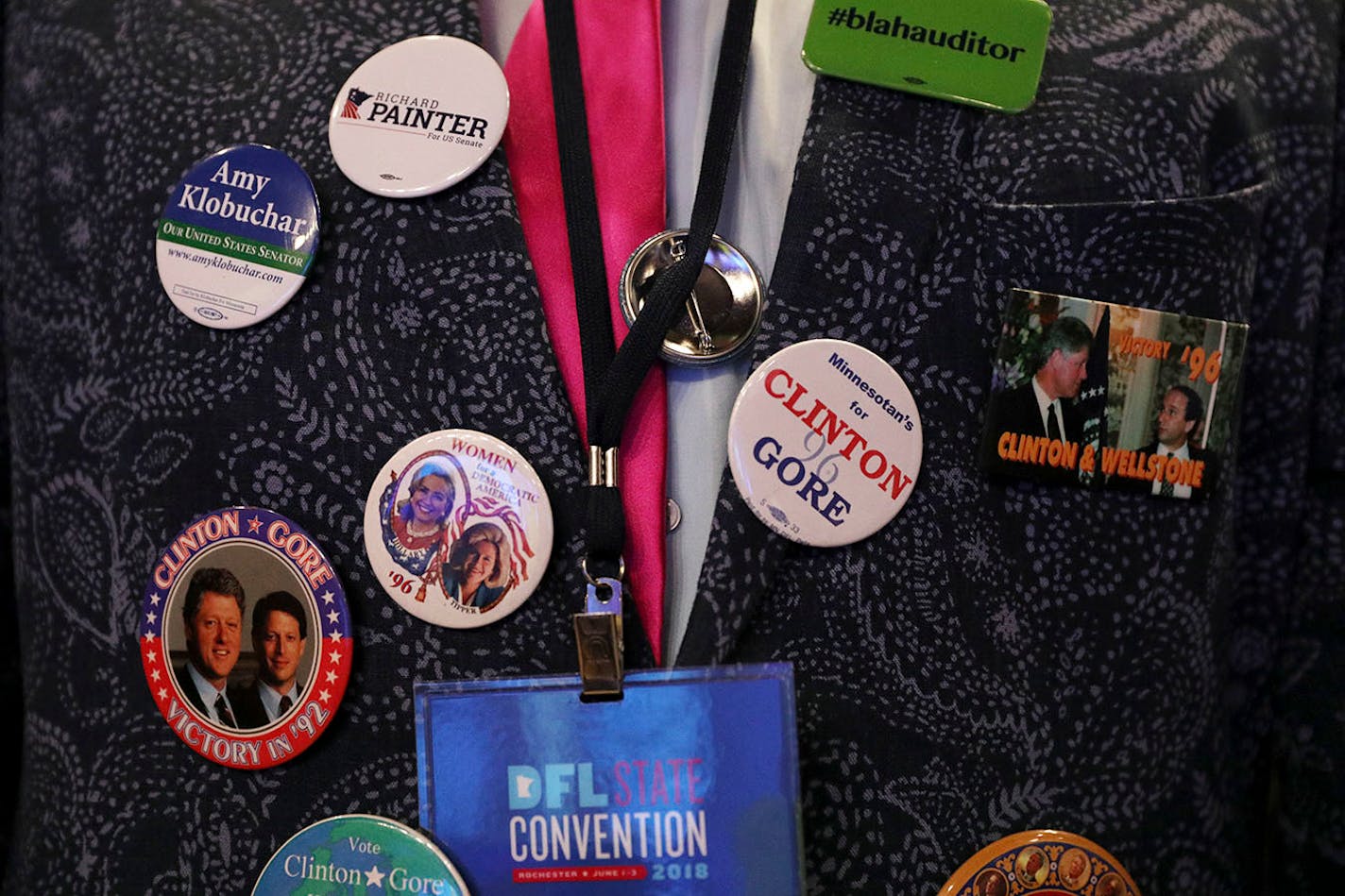 Delegate Christopher Horoshak wore several democrat buttons during the DFL State Convention Sunday.