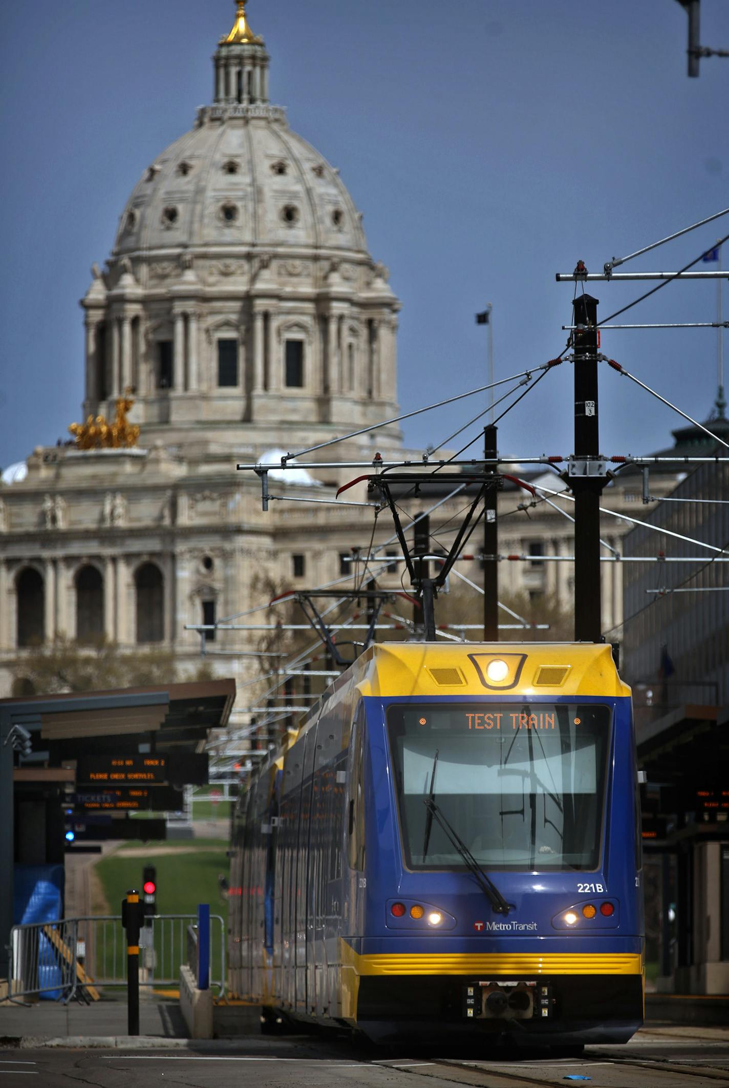 A train traveled west along University Avenue along the new Green Line. ] JIM GEHRZ &#x201a;&#xc4;&#xa2; jgehrz@startribune.com / Minneapolis, MN / May 13 , 2014 / 8:30 PM / BACKGROUND INFORMATION: The newly constructed Metro Transit Green Line is the largest public works project in state history. The line, which begins operation for the public on June 14, connects downtown St. Paul and downtown Minneapolis along an 8-mile light rail line. ORG XMIT: MIN1405141143099509