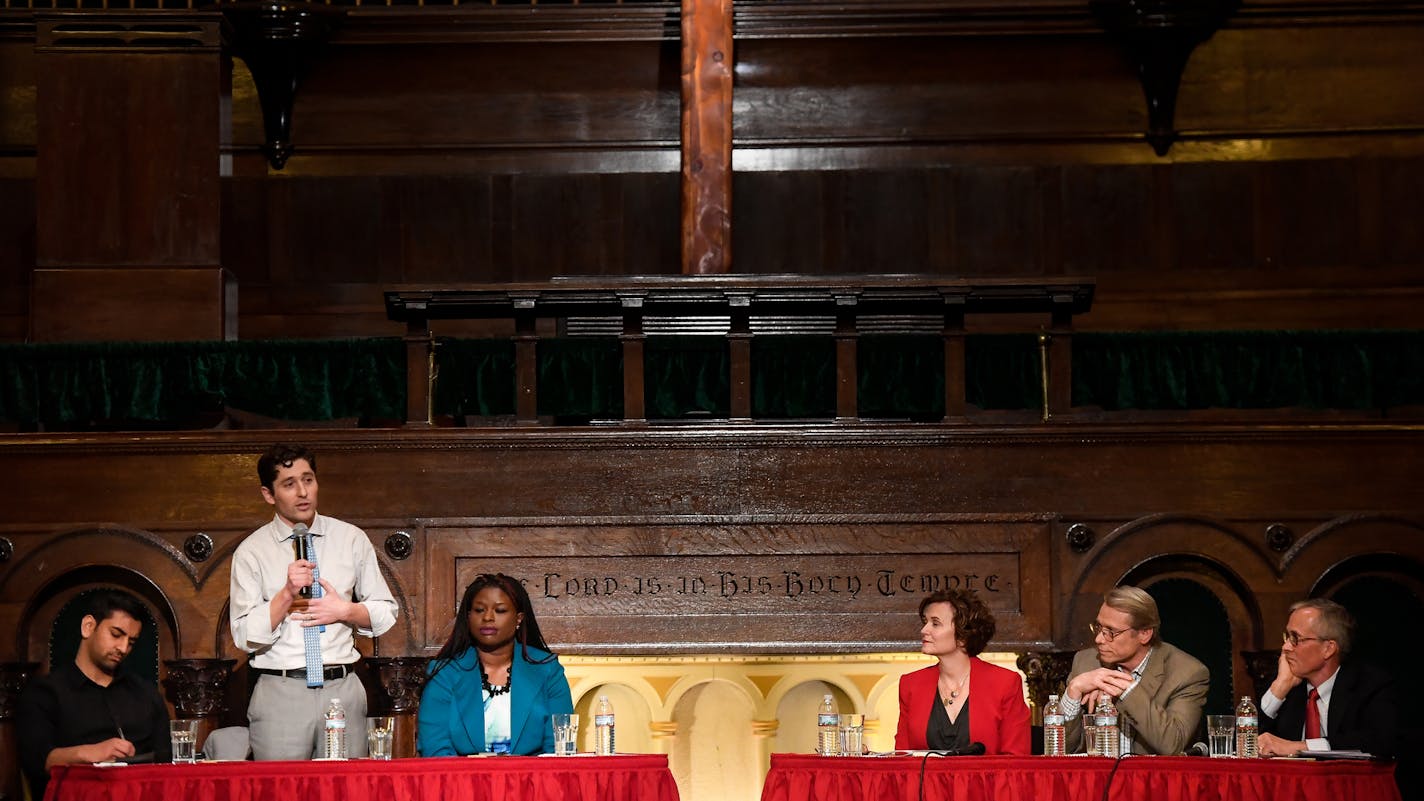 Mayoral candidate Jacob Frey, center left, introduced himself at the start of Wednesday night's mayoral forum. Next to Frey were fellow candidates Aswar Rahman, left, and Nekima Levy-Pounds. Sitting on the table to the right are incumbent mayor Betsy Hodges, and candidates State Rep. Raymond Dehn, center, and Tom Hoch. ] AARON LAVINSKY &#xef; aaron.lavinsky@startribune.com The first forum of the 2017 mayoral election was held Wednesday, March 8, 2017 at Calvary Baptist Church in Minneapolis, Min