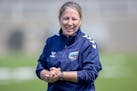 New Aurora coach Colette Montgomery was all smiles during a recent practice at TCO Stadium in Eagan. Those emotions continued in the season opener, as