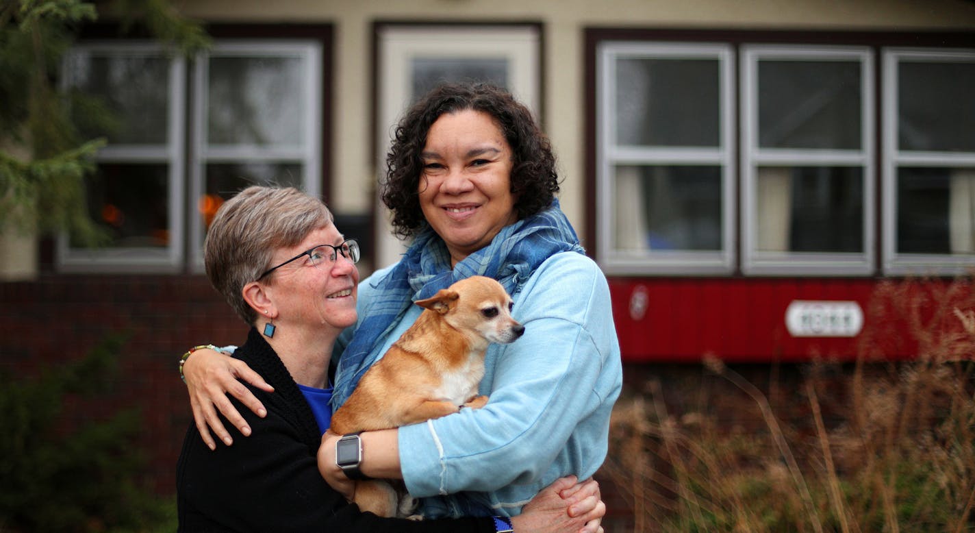 Mary Ann and Sharon Goens-Bradley along with their dog Pickles stood for a portrait at their home. ] ANTHONY SOUFFLE &#xef; anthony.souffle@startribune.com "Loving Minnesota," a profile of five older interracial couples on the 50th anniversary of Virginia vs. Loving which decriminalized miscegenation.