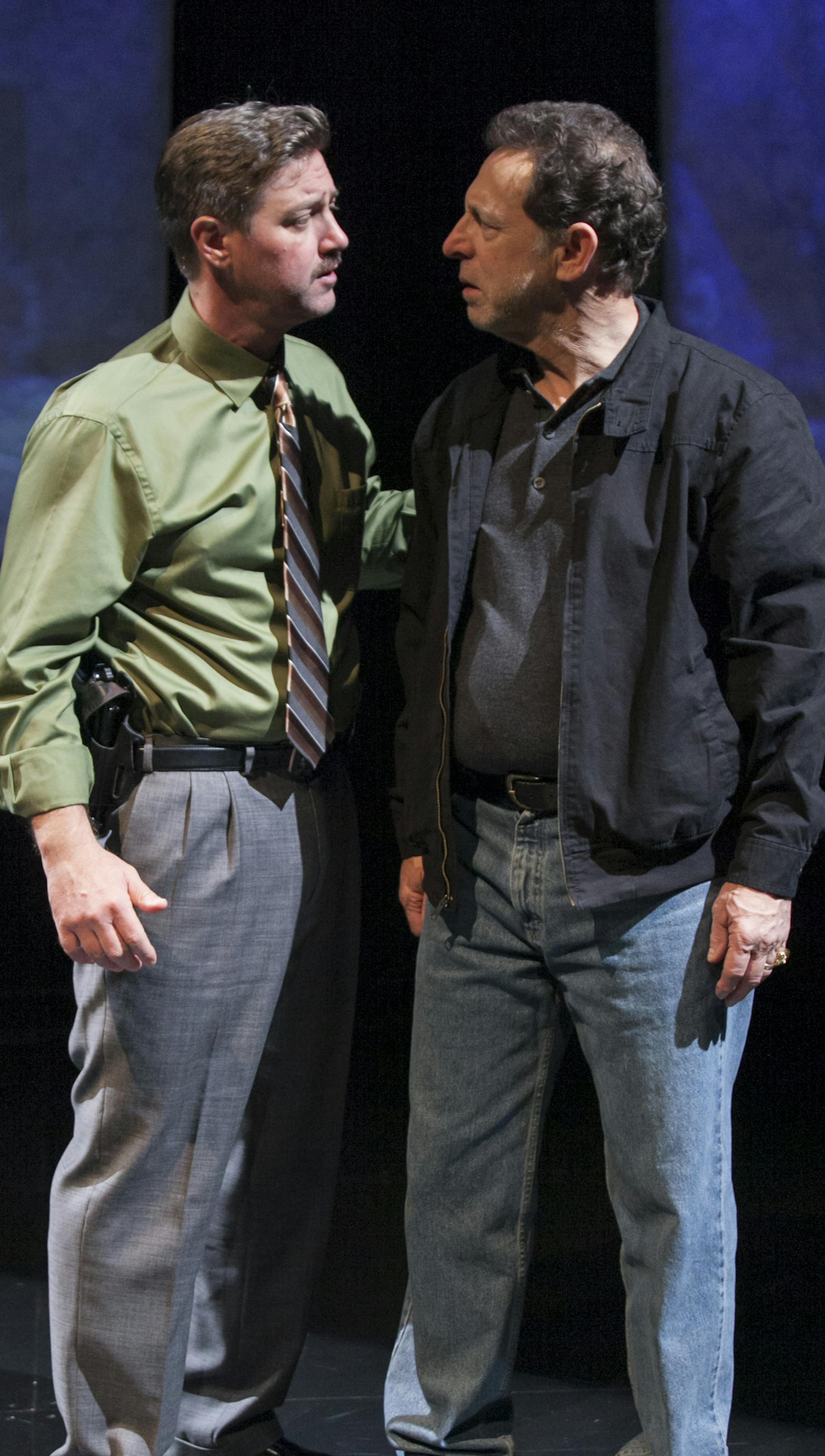 9602: Thomas Vincent Kelly as Joey and Sal Viscuso as Denny in the Odyssey Theatre Ensemble production of A Steady Rain by Keith Huff, directed by Jeff Perry. October 14 - November 2, 2014 in the Dowling Studio at the Guthrie Theater, Minneapolis. Photo by Heidi Bohnenkamp