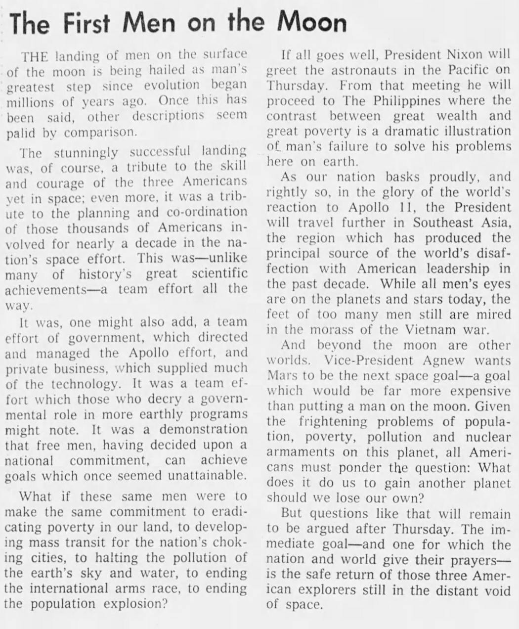 An editorial from the Minneapolis Tribune on July 22, 1969.