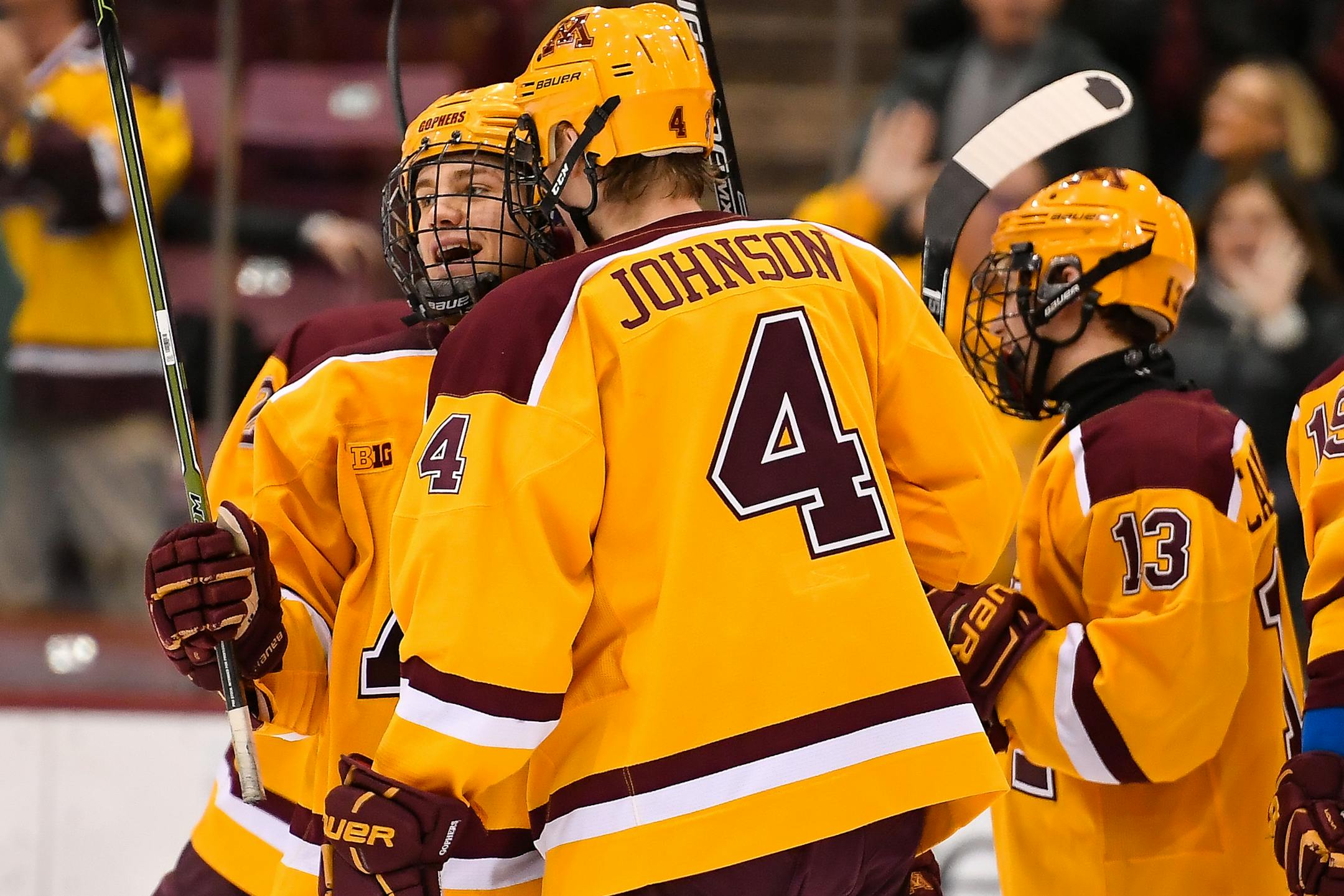 Minnesota Golden Gophers players, including defenseman Steve Johnson (4), celebrated with right wing Leon Bristedt (18), left, after he completed a hat trick Saturday night against the Penn State Nittany Lions. ] AARON LAVINSKY &#x2022; aaron.lavinsky@startribune.com The University of Minnesota Golden Gophers mens hockey team played the Penn State University Nittany Lions on Saturday, Feb. 4, 2017 at Mariucci Arena in Minneapolis, Minn.