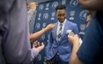 Timberwolves first-round pick Josh Okogie spoke to the media after a news conference last month. He made his NBA Summer League debut on Friday night i