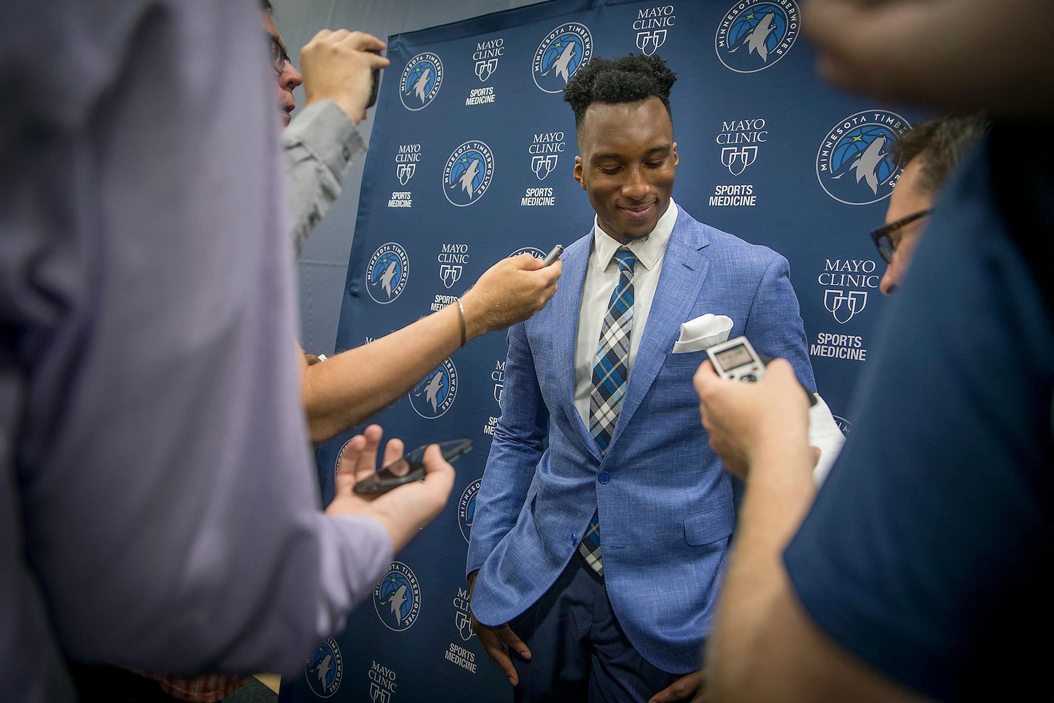 Timberwolves first-round pick Josh Okogie spoke to the media after a news conference last month. He made his NBA Summer League debut on Friday night in Las Vegas.
