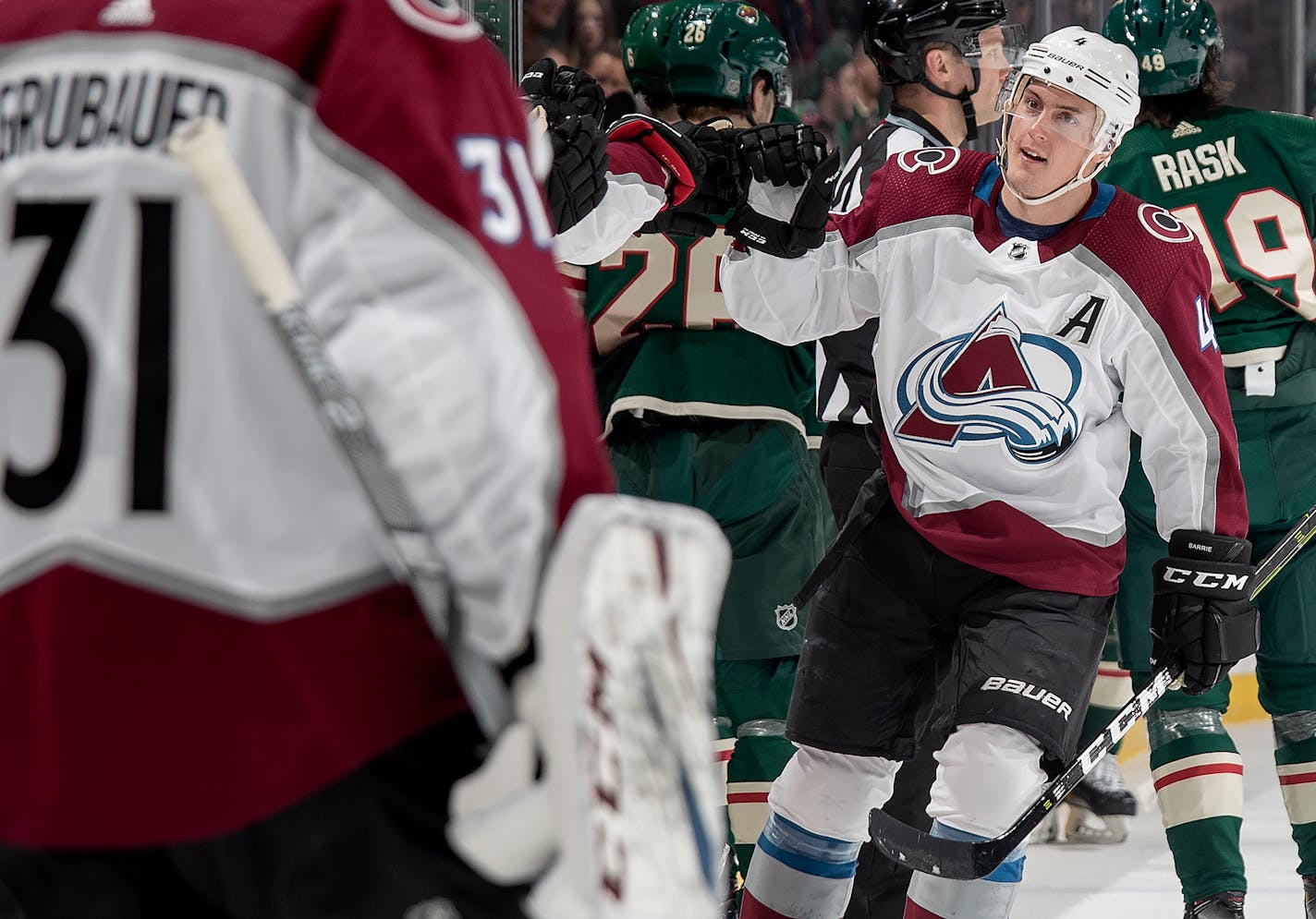 Tyson Barrie celebrated with his Avalanche teammates after scoring a goal against the Wild in the first period at Xcel Energy Center on Tuesday night. ] CARLOS GONZALEZ • cgonzalez@startribune.com – St. Paul, MN – March 19, 2019, Xcel Energy Center, NHL, Hockey, Minnesota Wild vs. Colorado Avalanche