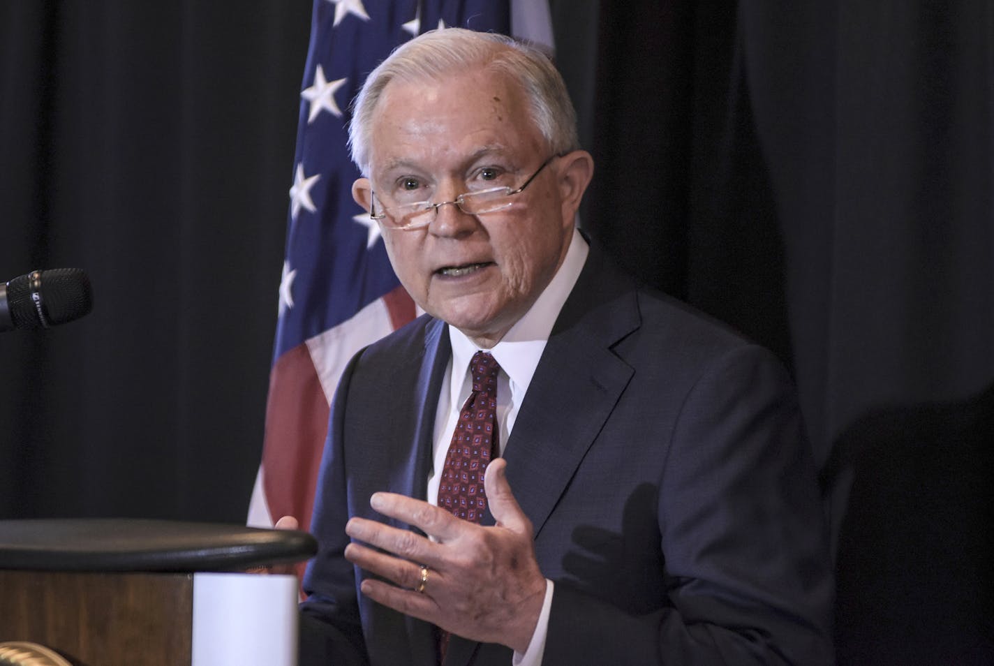 United States Attorney General Jeff Sessions speaks about immigration at Parkview Field in Fort Wayne, Ind., Thursday, June 14, 2018. Sessions cited the Bible Thursday in his defense of his border policy that is resulting in hundreds of children being separated from their parents. (Mike Moore/The Journal-Gazette via AP)