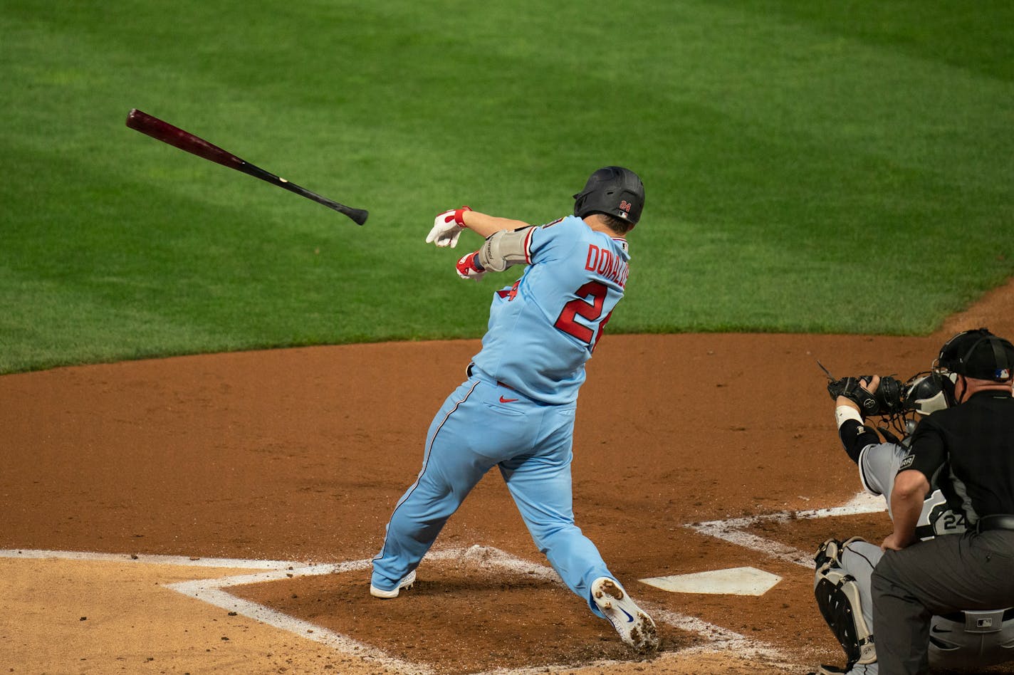 Minnesota Twins third baseman Josh Donaldson (24) threw his bat on a swing in the second inning. ] JEFF WHEELER • jeff.wheeler@startribune.com The Minnesota Twins faced the Chicago White Sox in an MLB baseball game Wednesday night, September 2, 2020 at Target Field in Minneapolis.