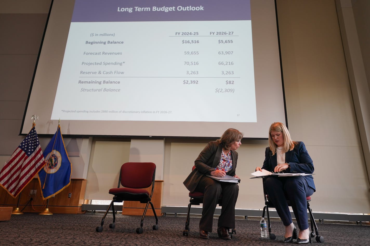 Minnesota State Economist Laura Kalambokidis and Ahna Minge State Budget Director listened as MMB Commissioner Erin Campbell spoke about the budget surplusWednesday, Dec. 6, 2023 St Paul, Minn. Minnesota lawmakers will have a $2.4 billion budget surplus to spend or save when they reconvene at the State Capitol in February. ] GLEN STUBBE • glen.stubbe@startribune.com