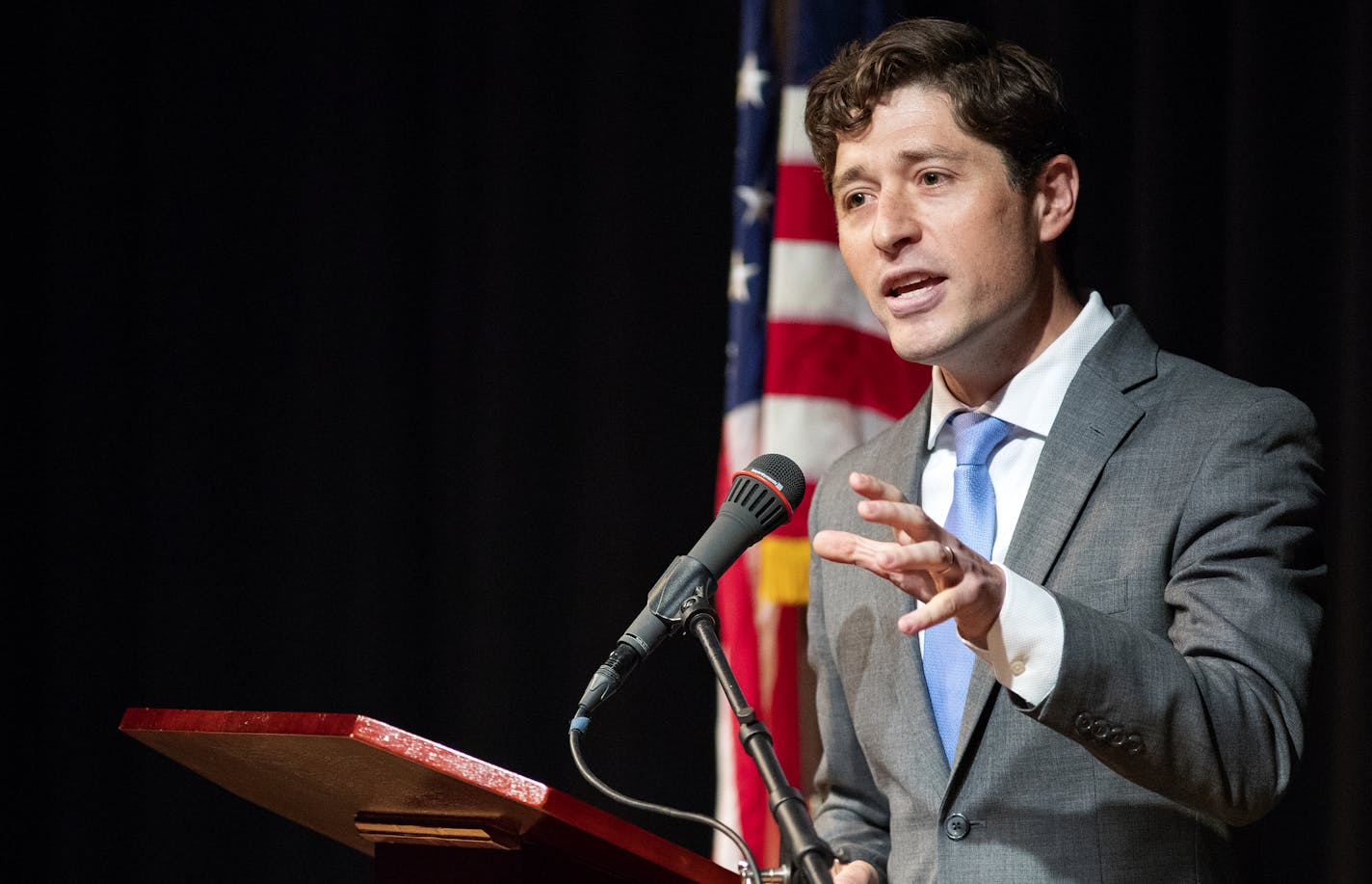 Minneapolis Mayor Jacob Frey delivered his first state of the city address. ] CARLOS GONZALEZ &#xef; cgonzalez@startribune.com &#xf1; May 24, 2018, Minneapolis, MN, Minneapolis Mayor Jacob Frey will deliver his first state of the city address at the Lundstrum Performing Arts Center.