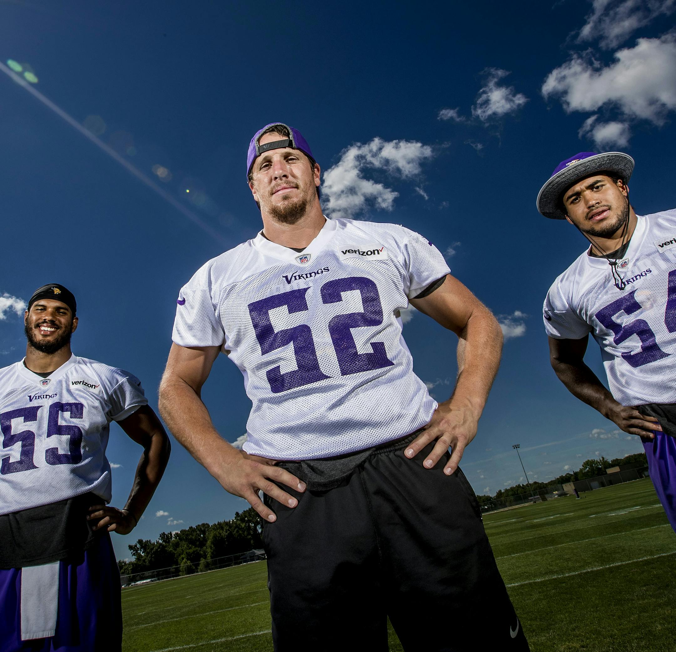 Minnesota Vikings linebackers Anthony Barr (55), Chad Greenway (52) and Eric Kendricks (54). ] CARLOS GONZALEZ cgonzalez@startribune.com - July / August, 2016, Mankato, MN, Minnesota State University, Mankato, Minnesota Vikings Training Camp