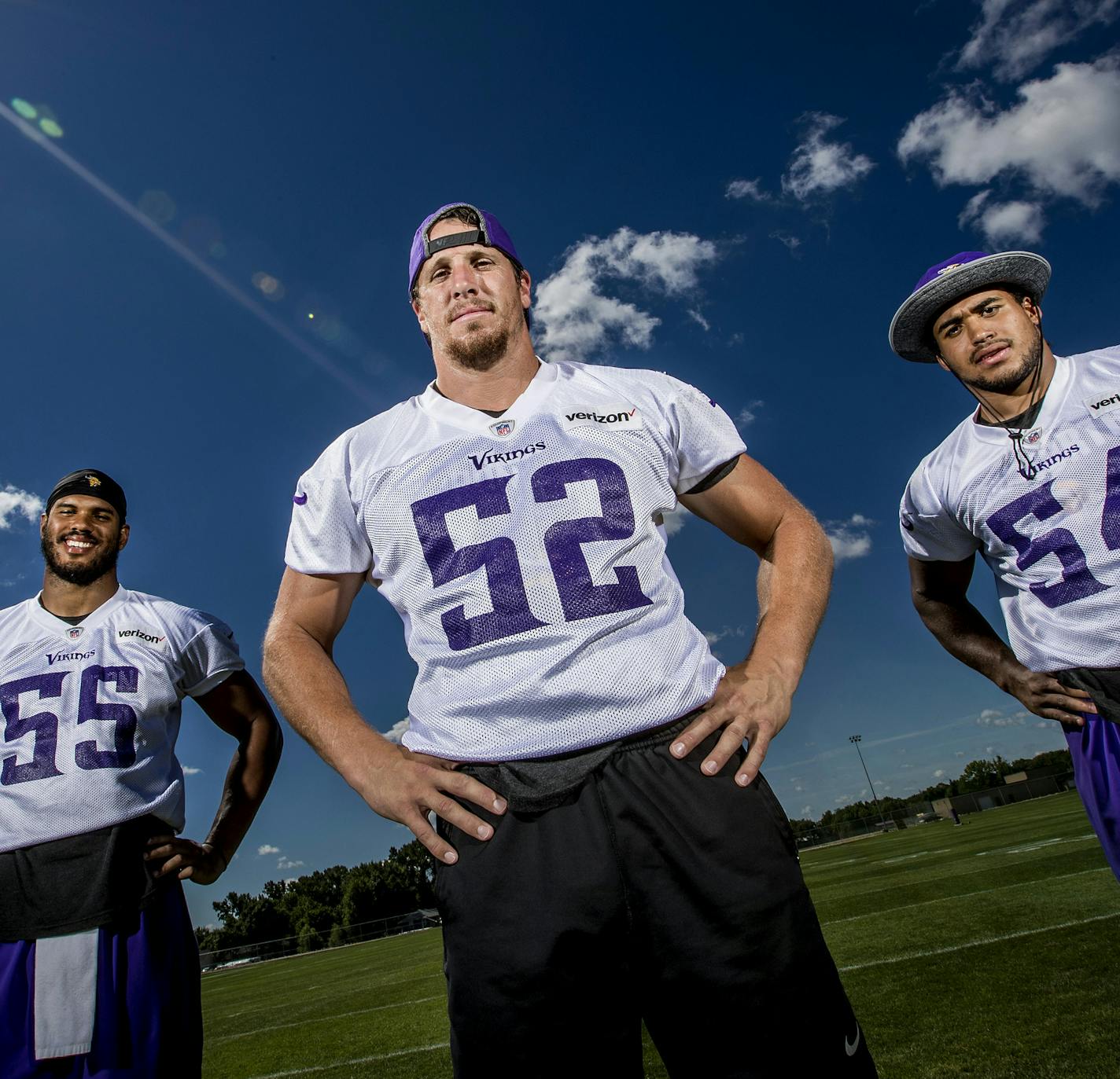 Minnesota Vikings linebackers Anthony Barr (55), Chad Greenway (52) and Eric Kendricks (54). ] CARLOS GONZALEZ cgonzalez@startribune.com - July / August, 2016, Mankato, MN, Minnesota State University, Mankato, Minnesota Vikings Training Camp