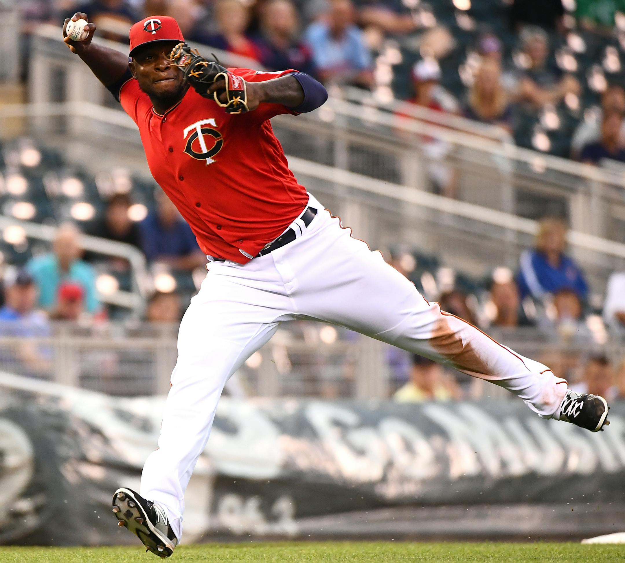 Minnesota Twins third baseman Miguel Sano (22) was able to turn the play for an out after catching a soft line drive hit by Texas Rangers third baseman Adrian Beltre (29) in the top of the sixth inning Friday night. ] (AARON LAVINSKY/STAR TRIBUNE) aaron.lavinsky@startribune.com The Minnesota Twins play the Texas Rangers on Friday, July 1, 2016 at Target Field in Minneapolis, Minn.