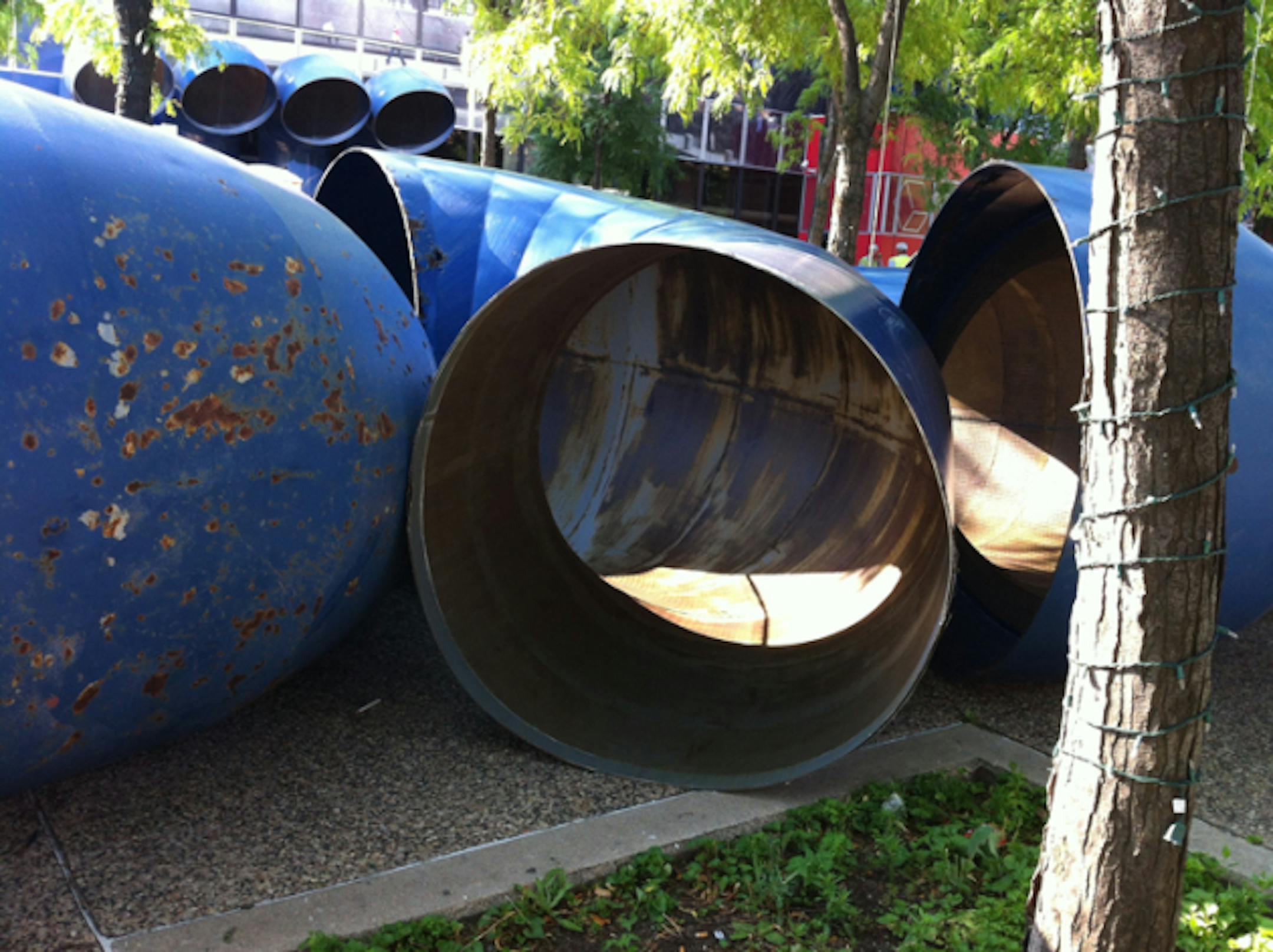 June 27, 2012. Demolition of Orchestra Hall Lobby. Removing the iconic blue tubes from the exterior. Photo by Billy Steve Clayton.