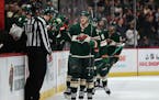 Minnesota Wild defenseman Jonas Brodin (25) high-fives teammates on the bench after scoring a goal against the Arizona Coyotes during the second perio
