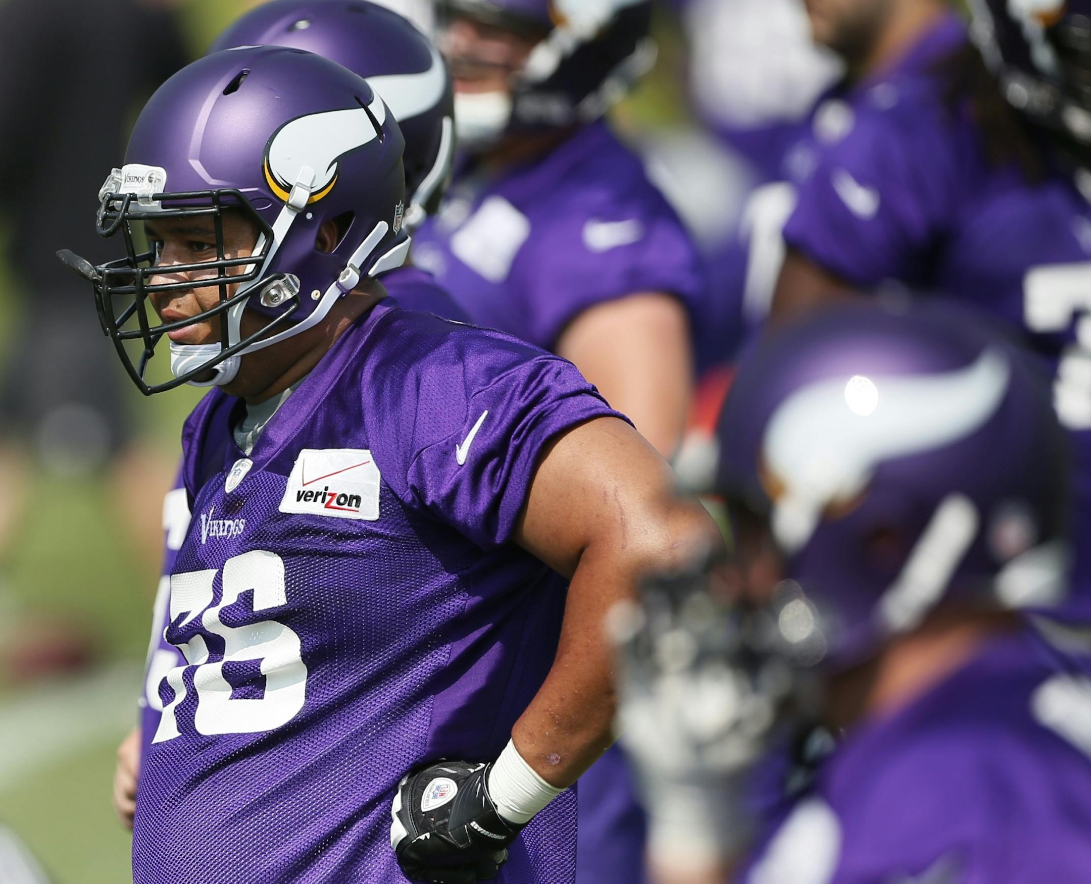 Minnesota Vikings lineman David Yankey at OTA practice at Winter Park 2014 in Eden Prairie,MN.